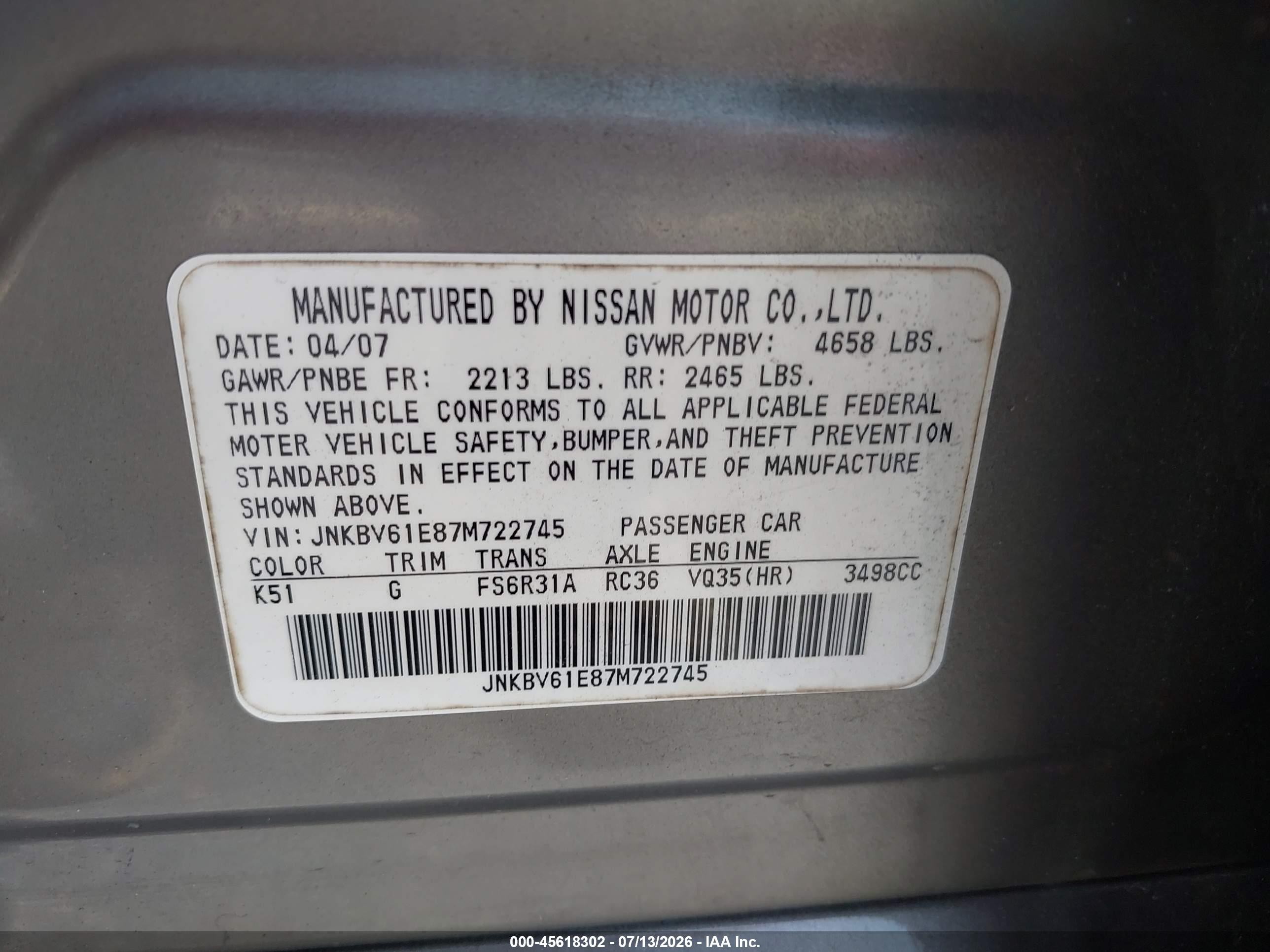2007 Infiniti G35 Sport W/6-speed Manual Gray vin: JNKBV61E87M722745