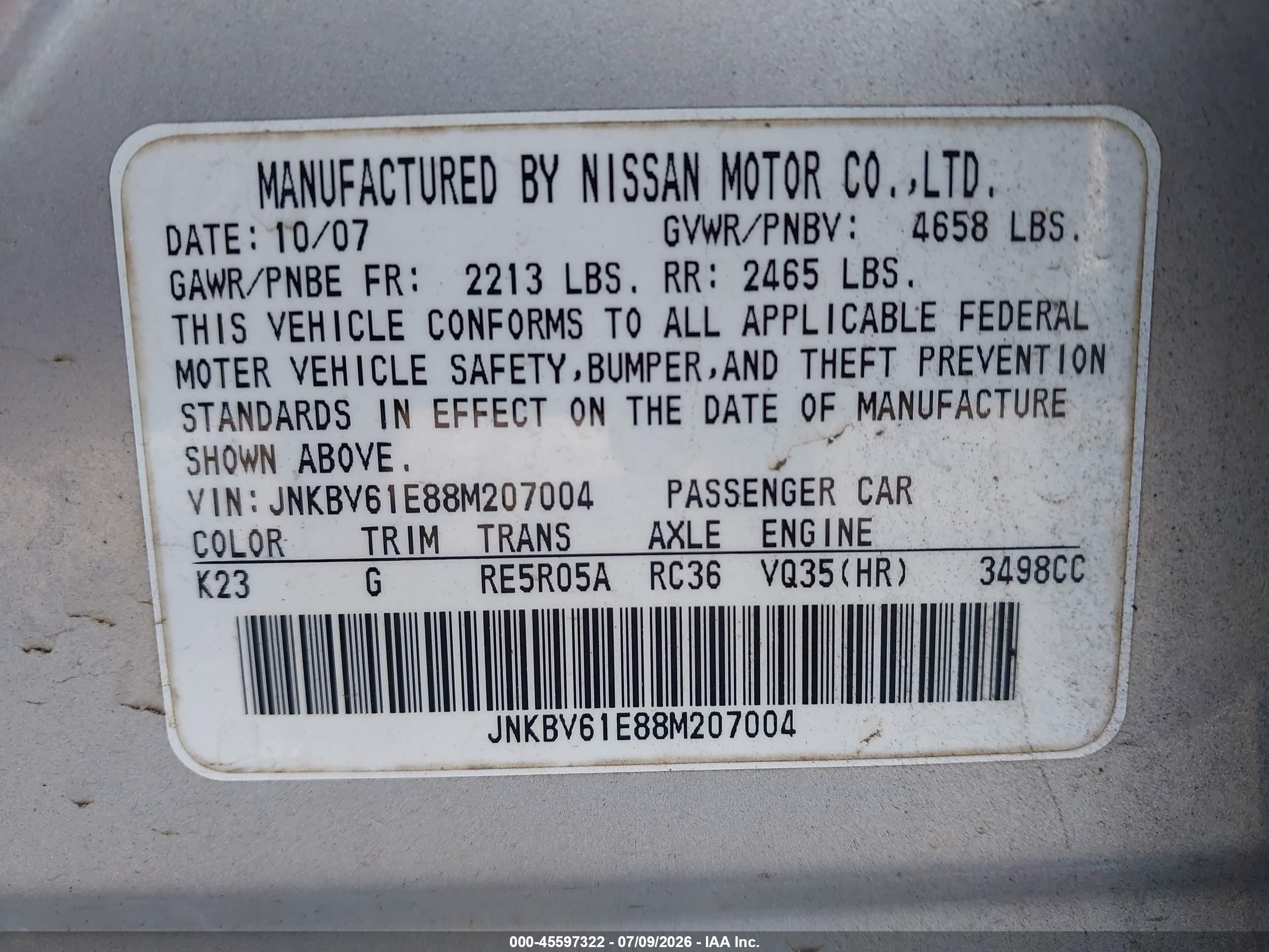 2008 Infiniti G35 Journey Silver vin: JNKBV61E88M207004