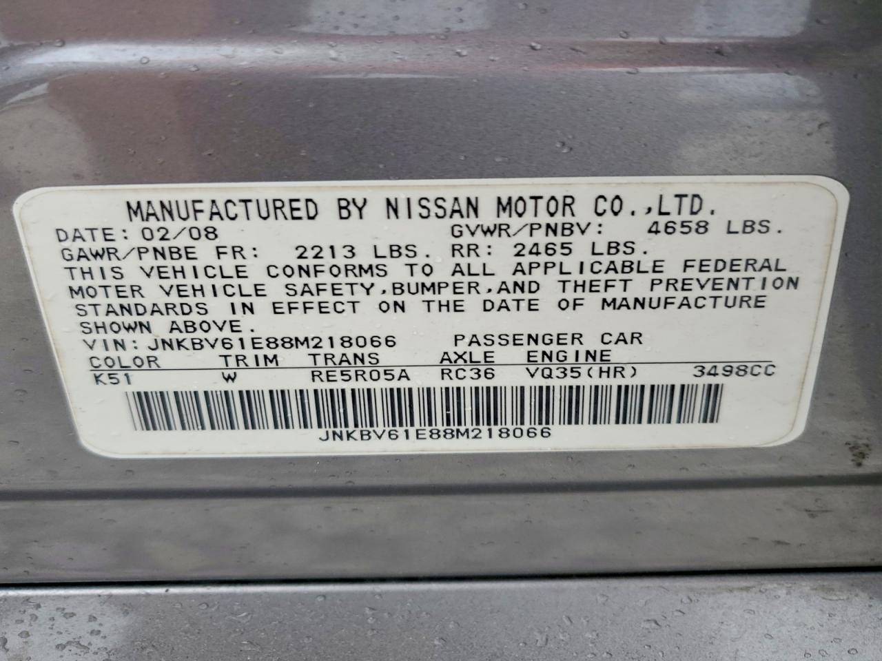 2008 Infiniti G35 Base Silver vin: JNKBV61E88M218066