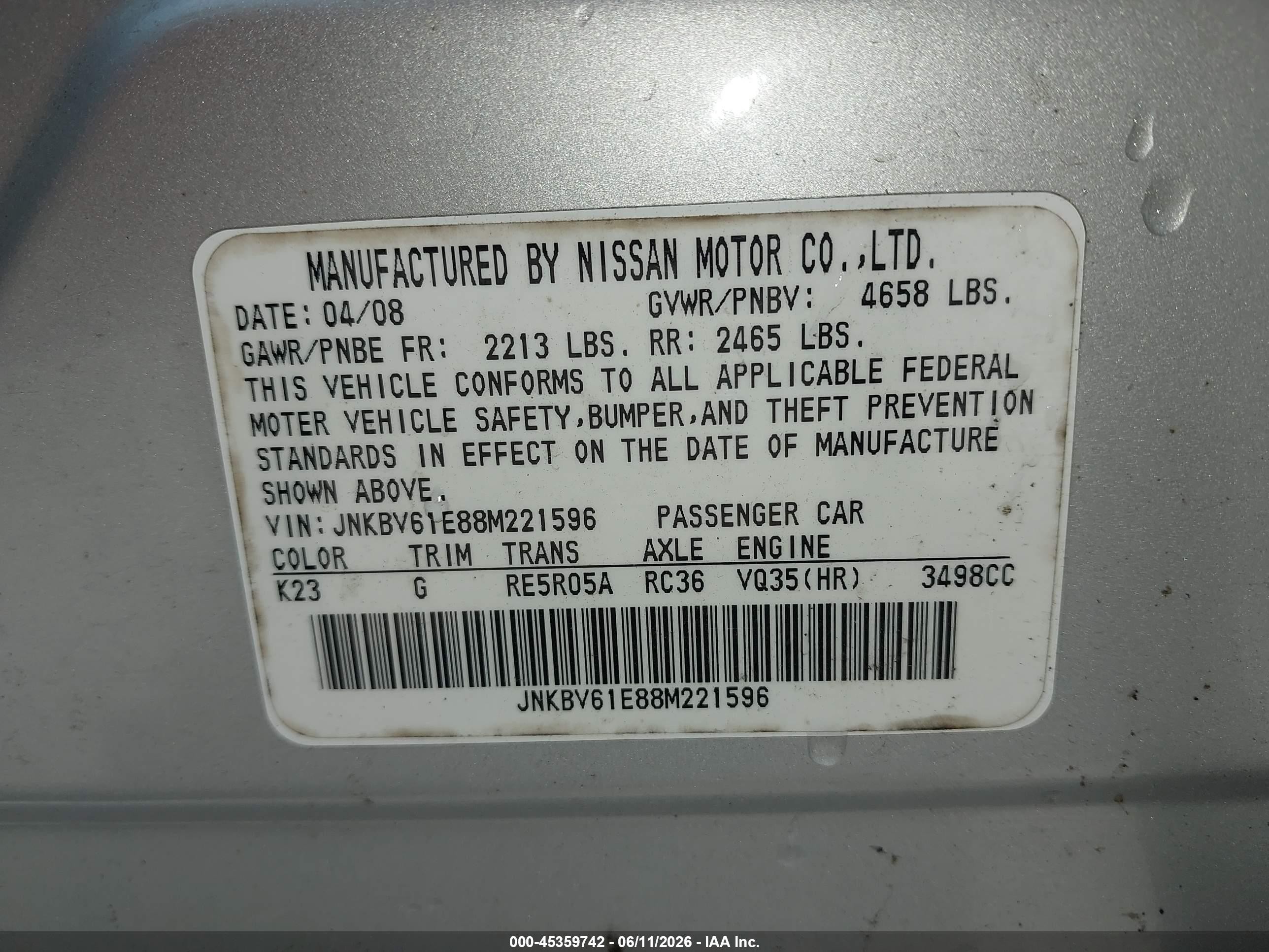 2008 Infiniti G35 Journey Silver vin: JNKBV61E88M221596