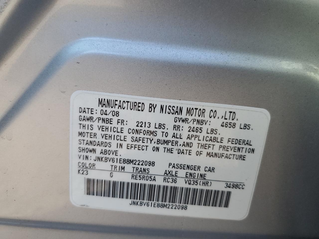 2008 Infiniti G35 Серебряный vin: JNKBV61E88M222098