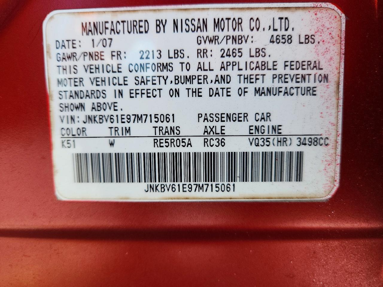 2007 Infiniti G35 Base Red vin: JNKBV61E97M715061