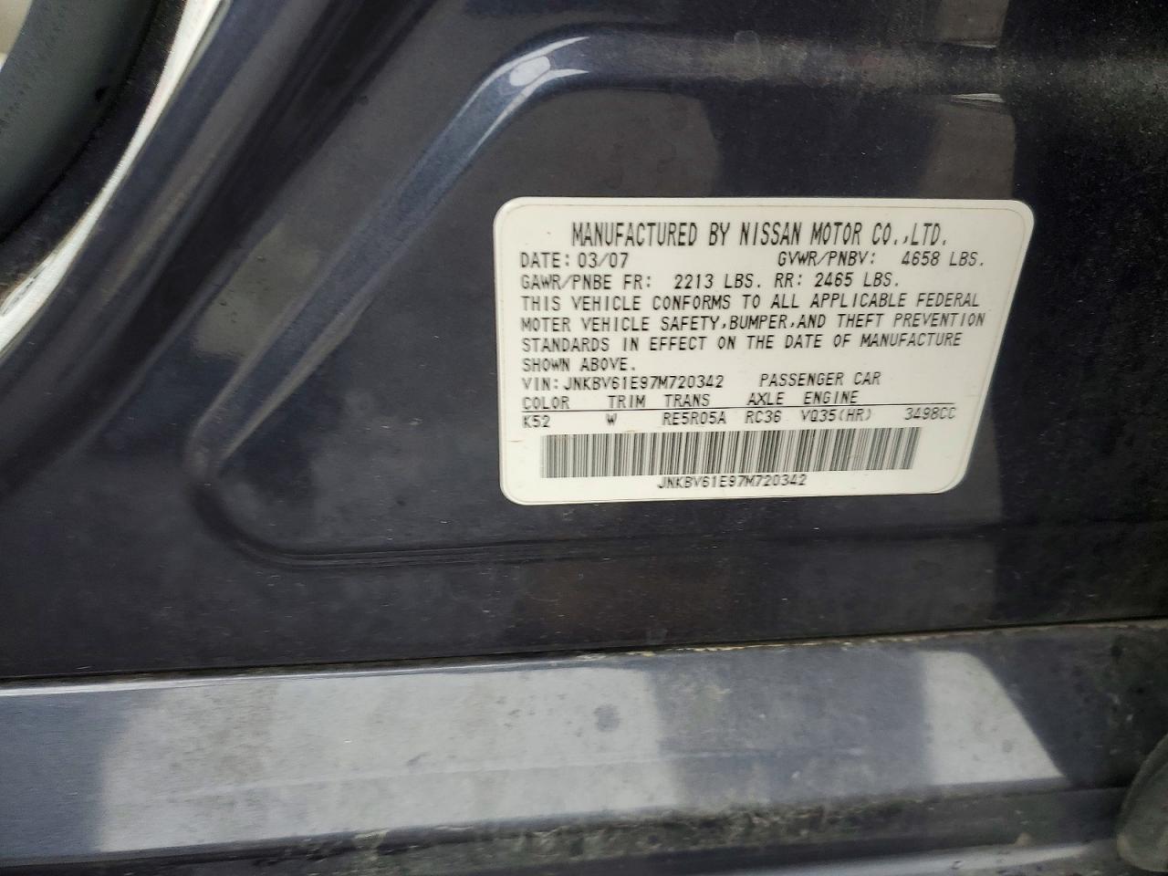 2007 Infiniti G35 Base Gray vin: JNKBV61E97M720342