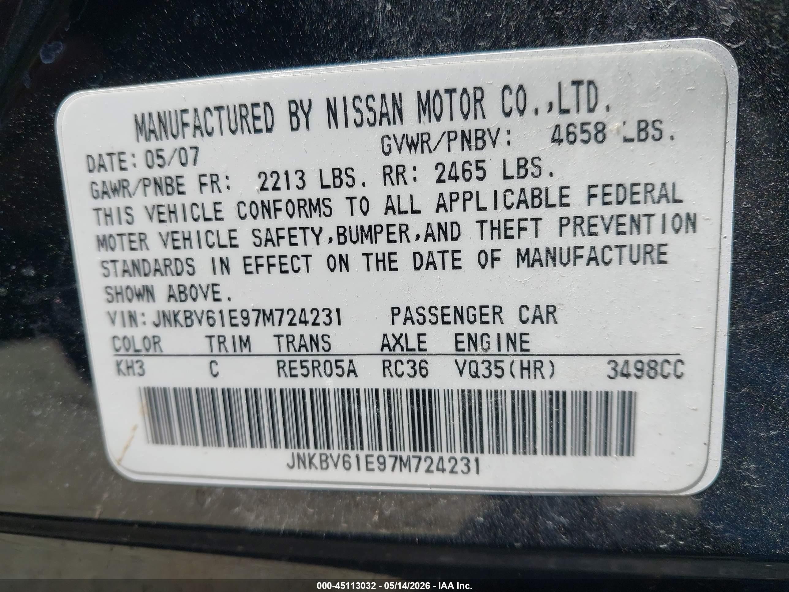 2007 Infiniti G35 Journey Black vin: JNKBV61E97M724231
