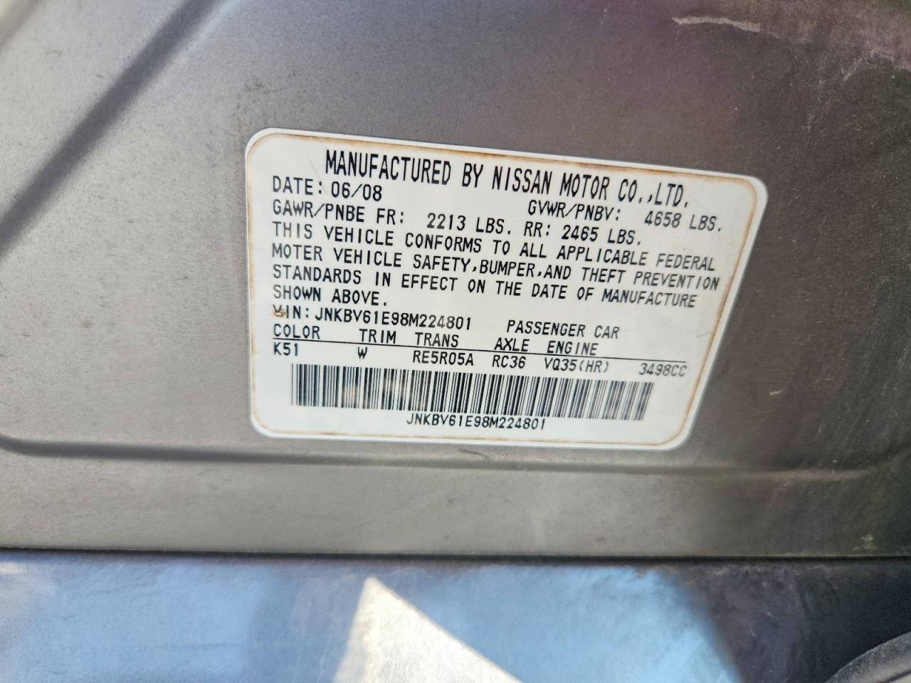 2008 Infiniti G35 Base Tan vin: JNKBV61E98M224801