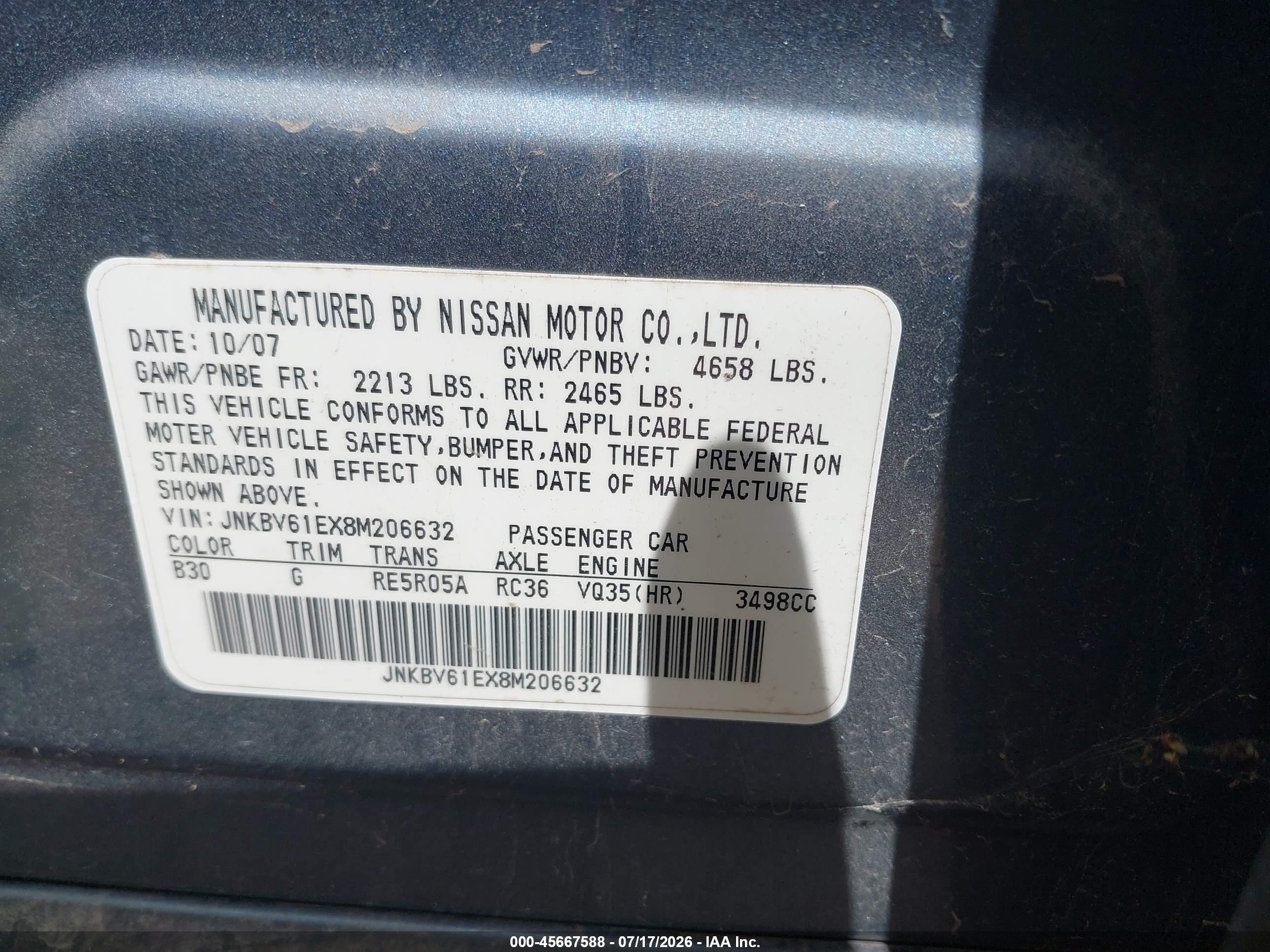 2008 Infiniti G35 Journey Light Blue vin: JNKBV61EX8M206632