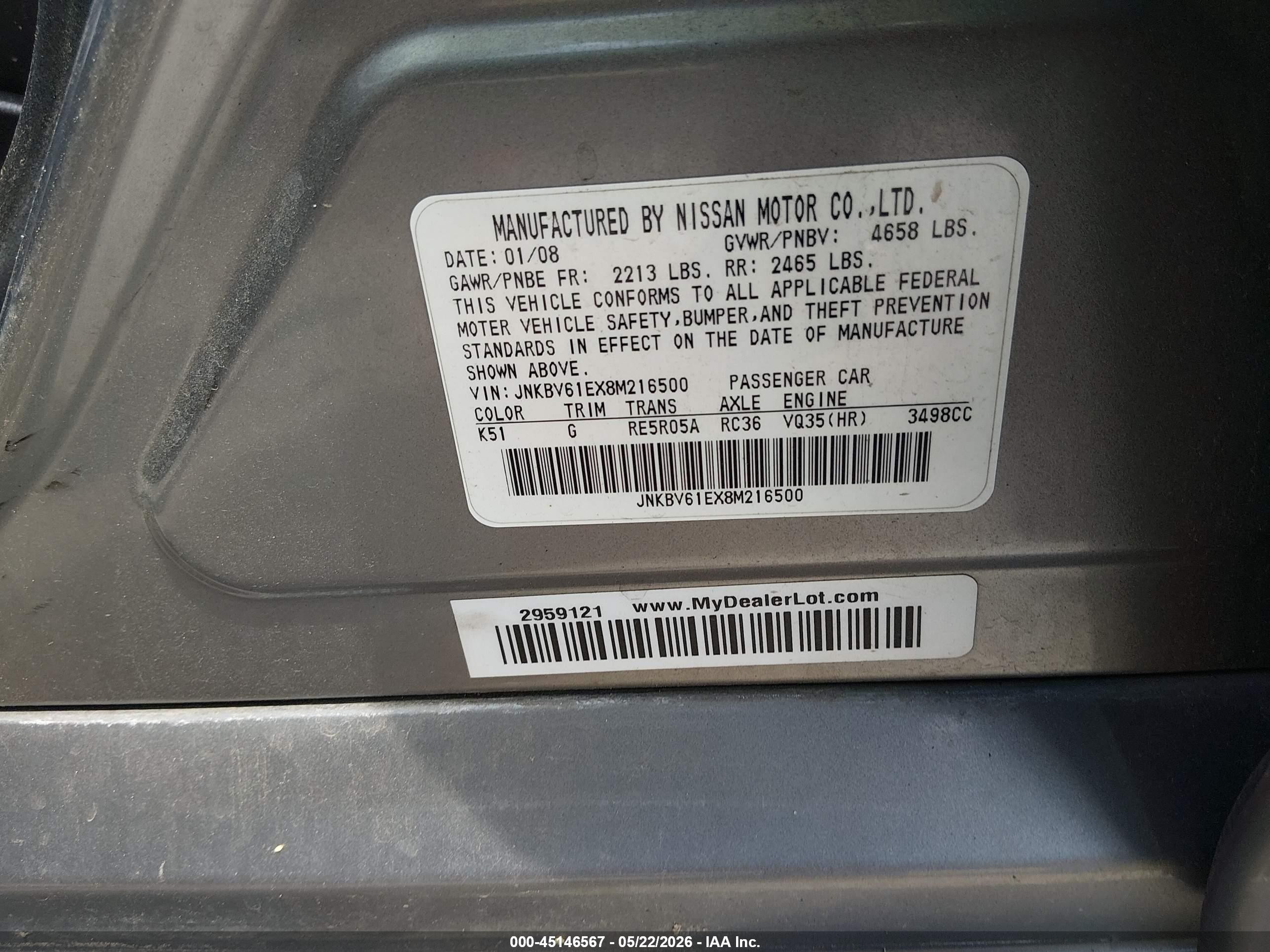 2008 Infiniti G35 Journey Gray vin: JNKBV61EX8M216500