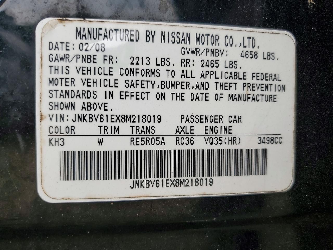 2008 Infiniti G35 Base Black vin: JNKBV61EX8M218019