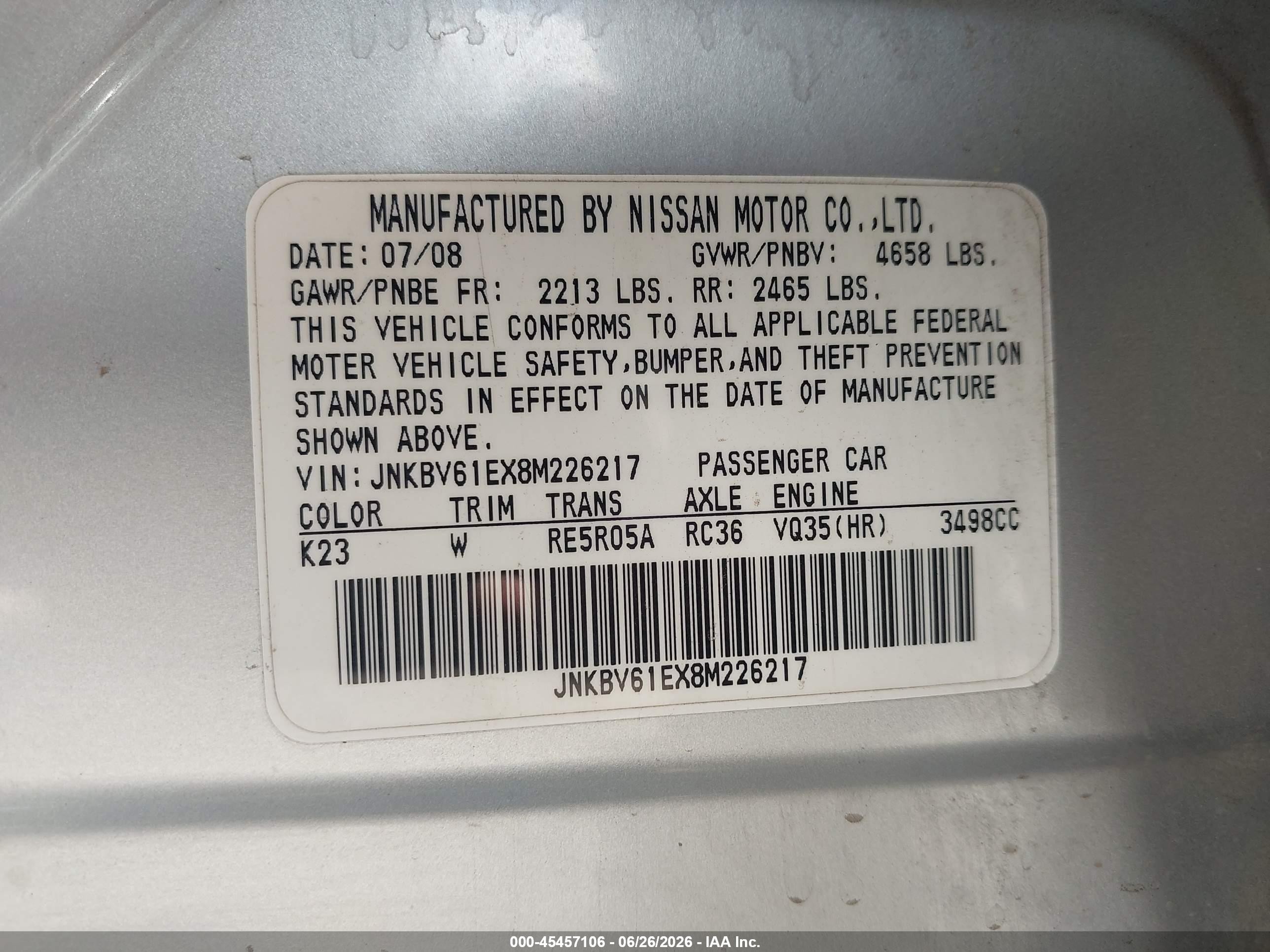 2008 Infiniti G35 Journey Silver vin: JNKBV61EX8M226217