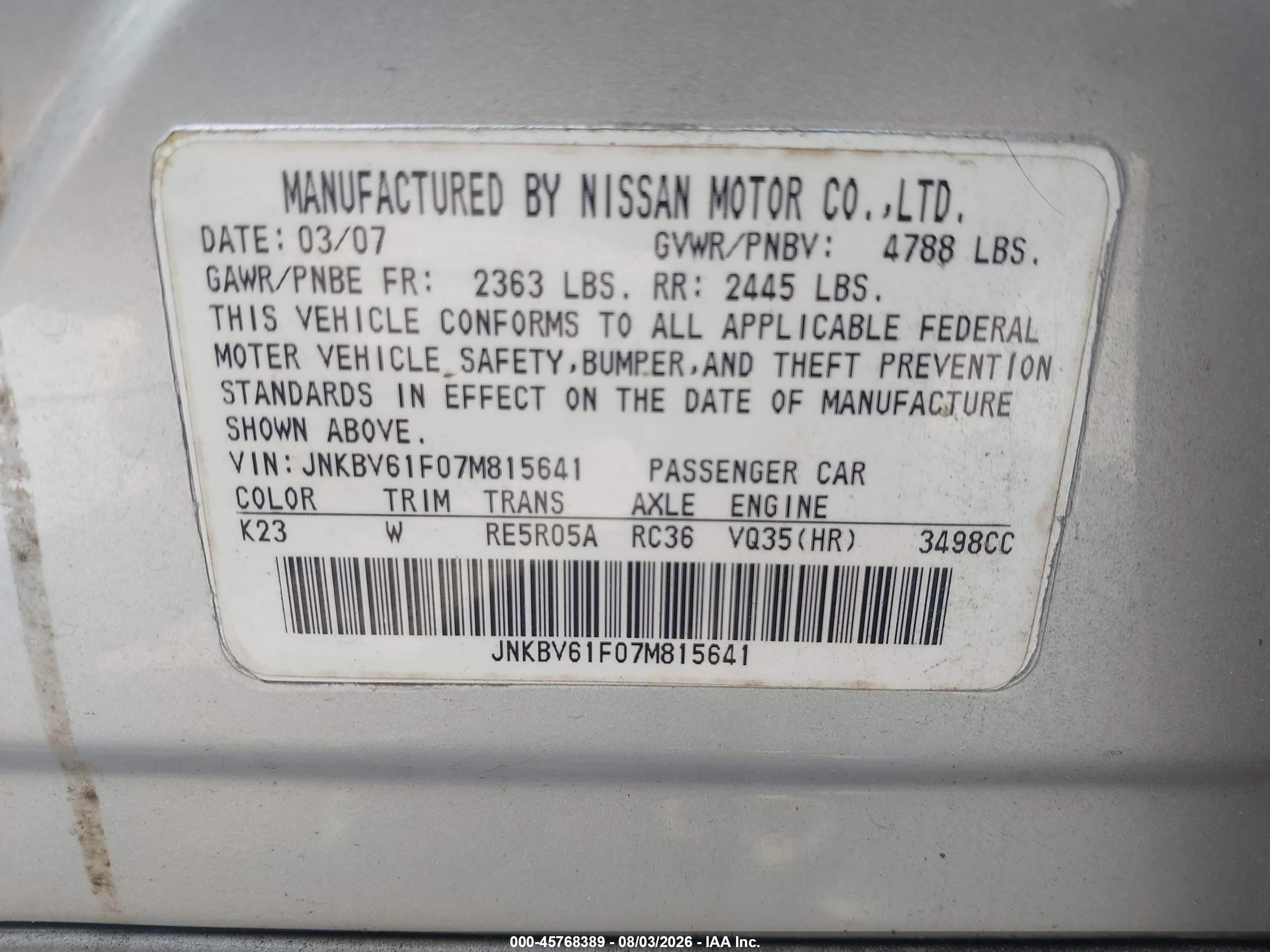 2007 Infiniti G35x   Silver vin: JNKBV61F07M815641