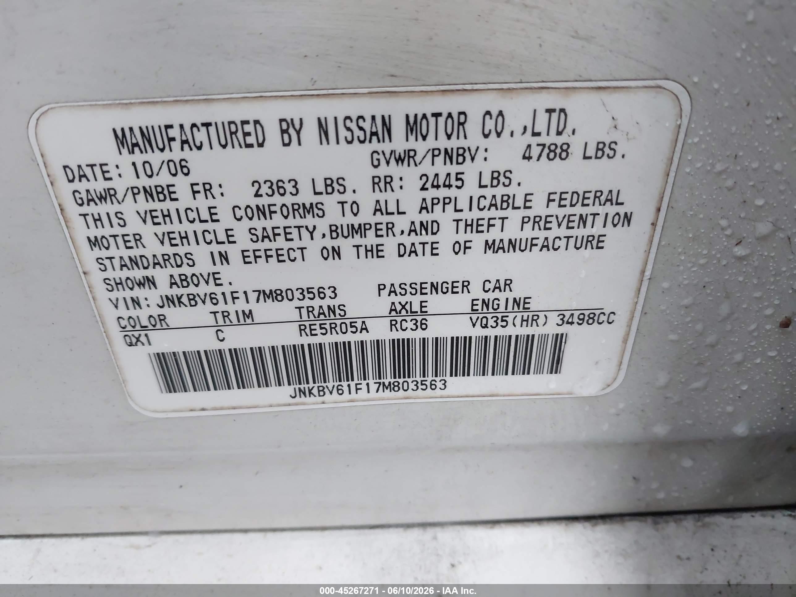 2007 Infiniti G35x   Gray vin: JNKBV61F17M803563