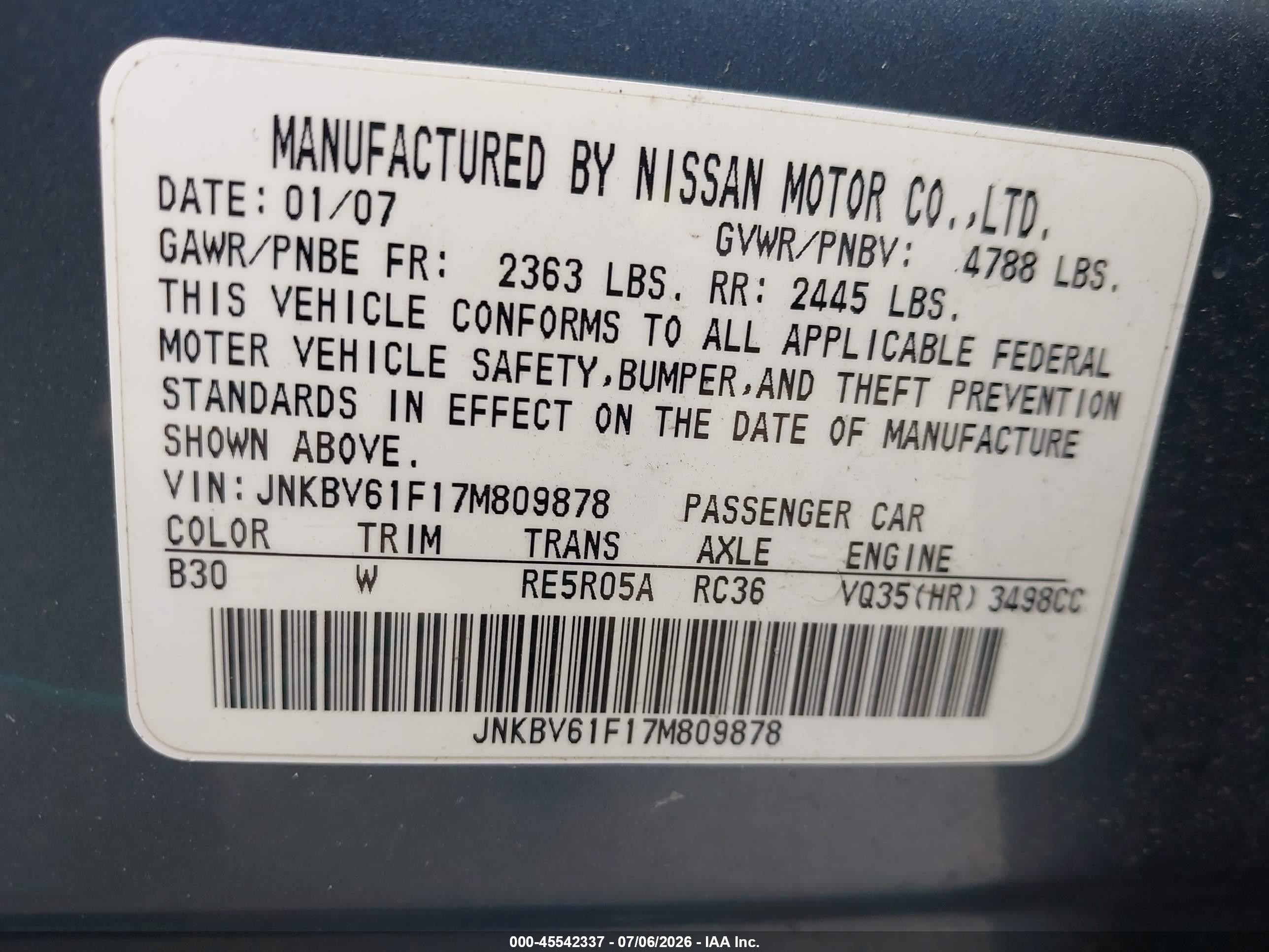 2007 Infiniti G35x Light Blue vin: JNKBV61F17M809878