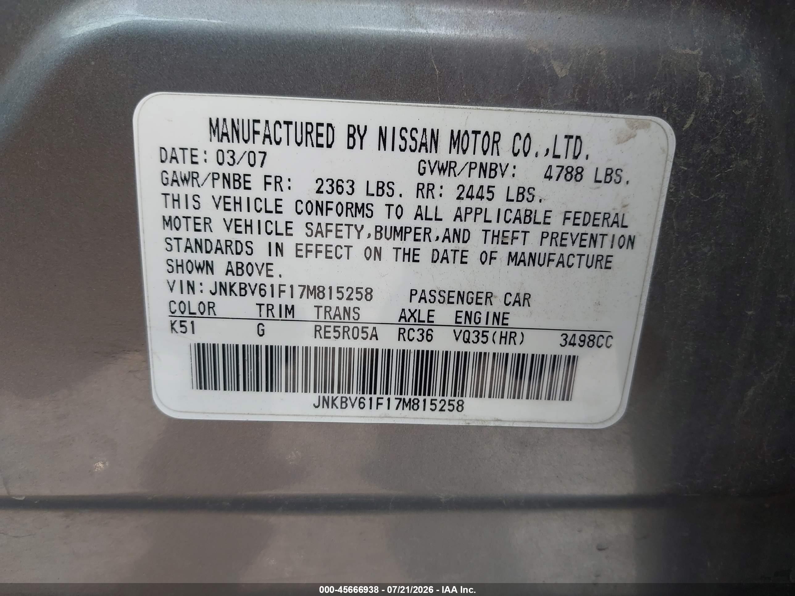 2007 Infiniti G35x   Gray vin: JNKBV61F17M815258