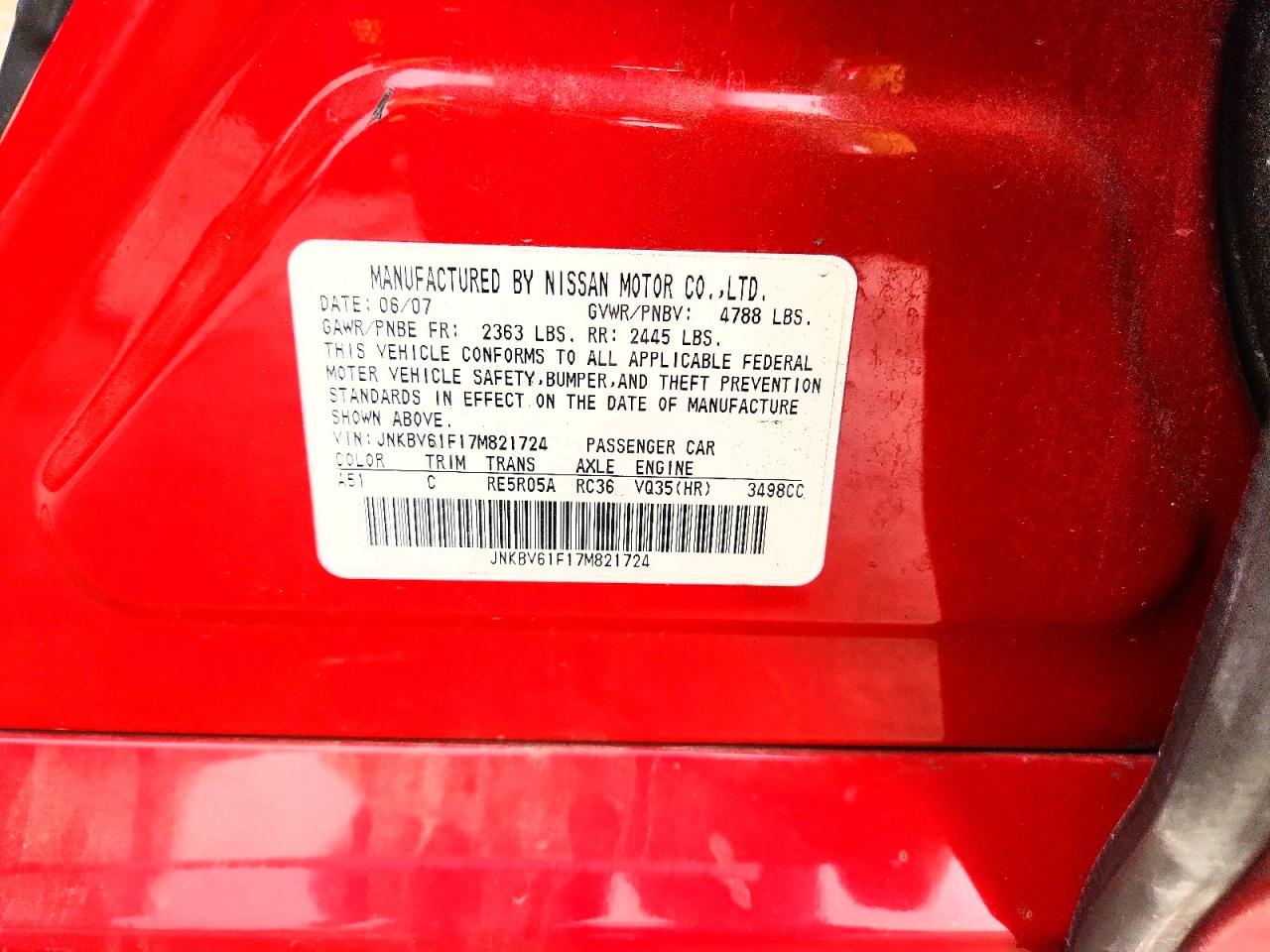 2007 Infiniti G35 X Red vin: JNKBV61F17M821724