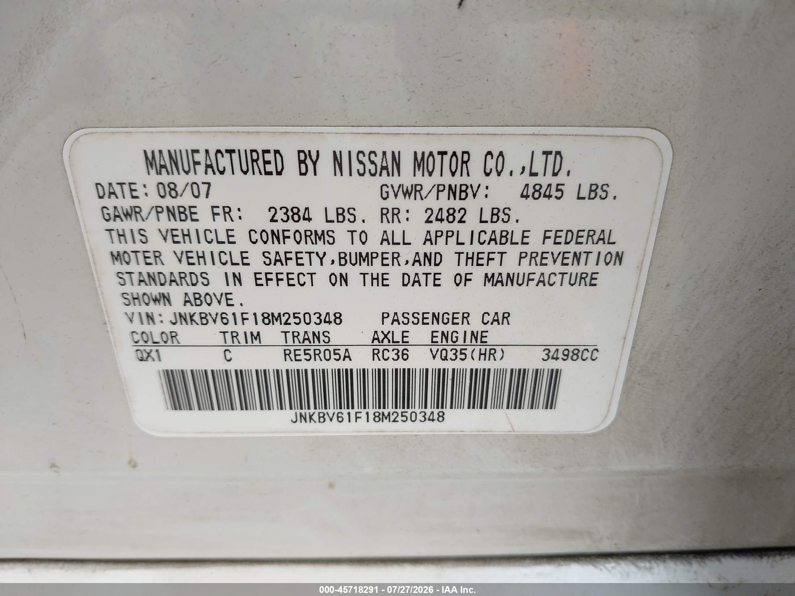 2008 Infiniti G35x White vin: JNKBV61F18M250348