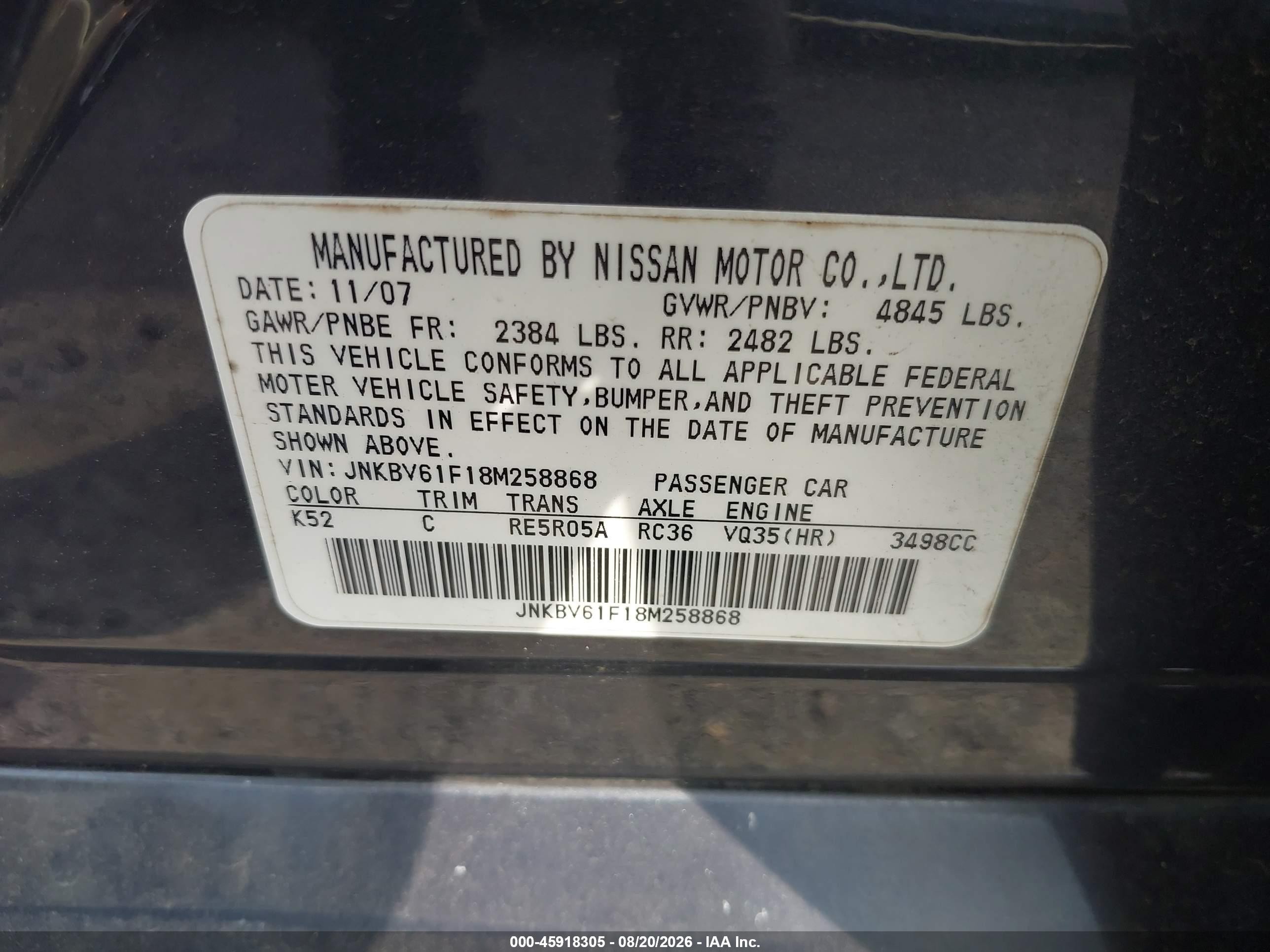 2008 Infiniti G35x Blue vin: JNKBV61F18M258868
