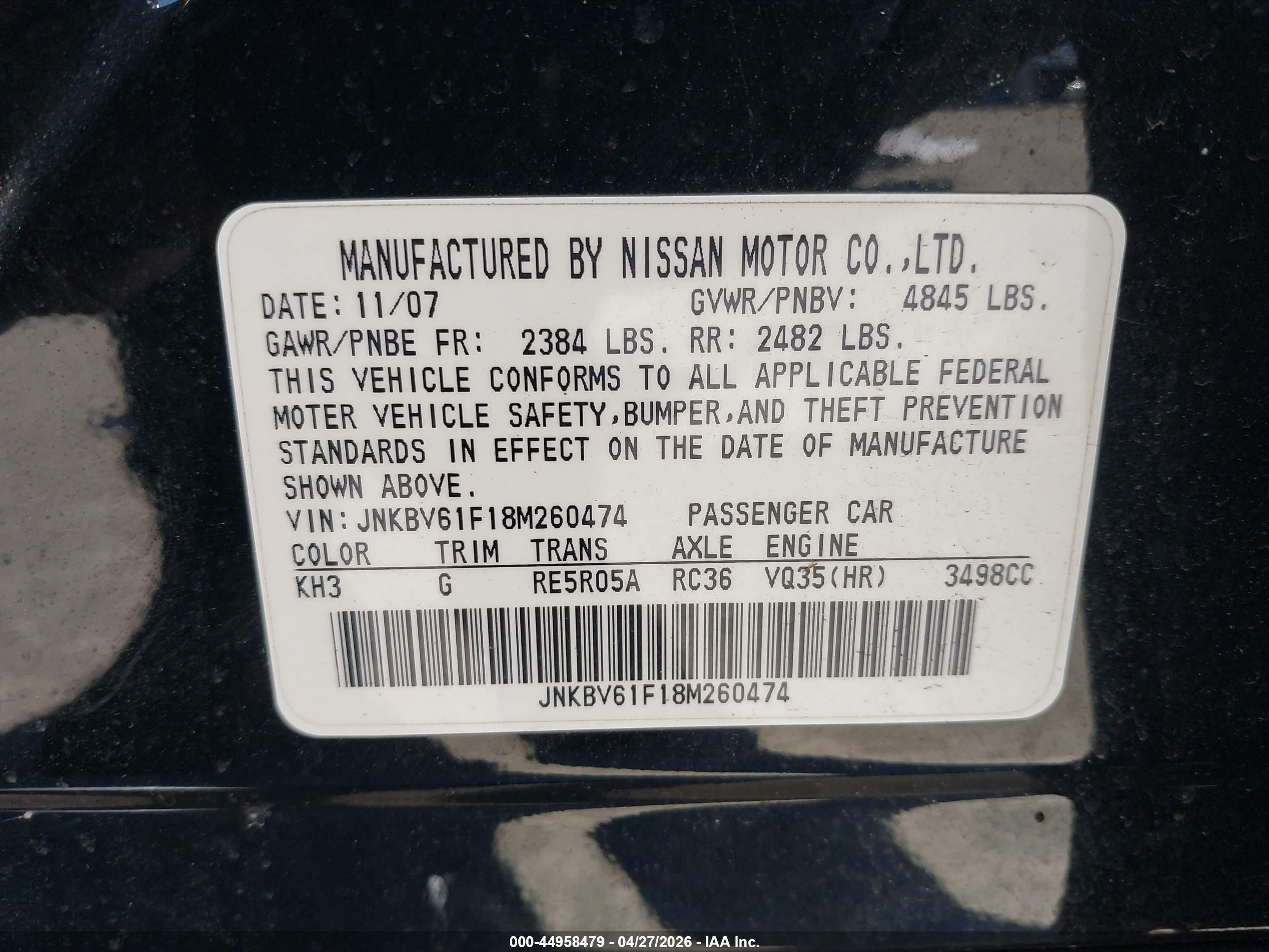2008 Infiniti G35x Black vin: JNKBV61F18M260474