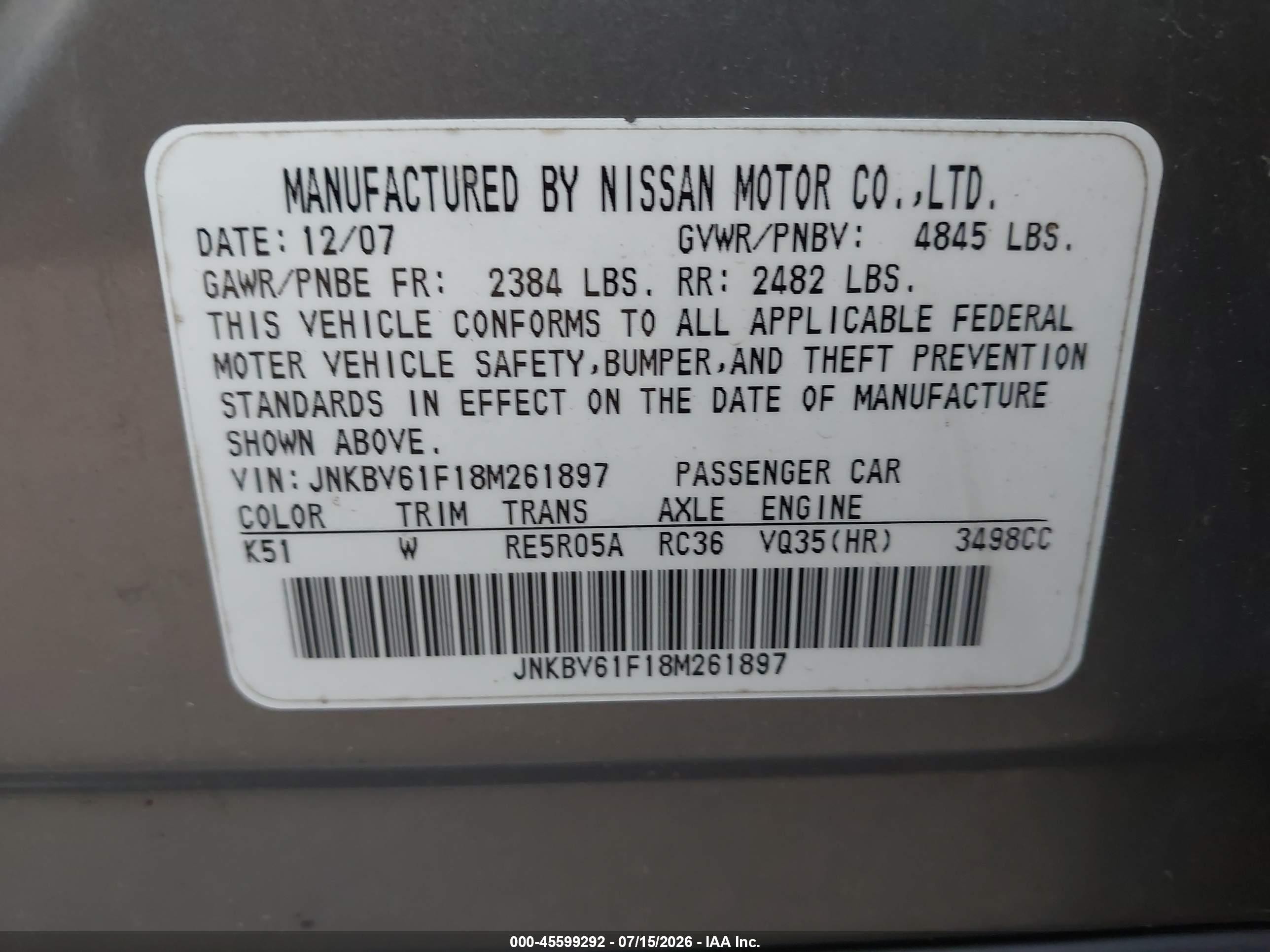 2008 Infiniti G35x   Gray vin: JNKBV61F18M261897