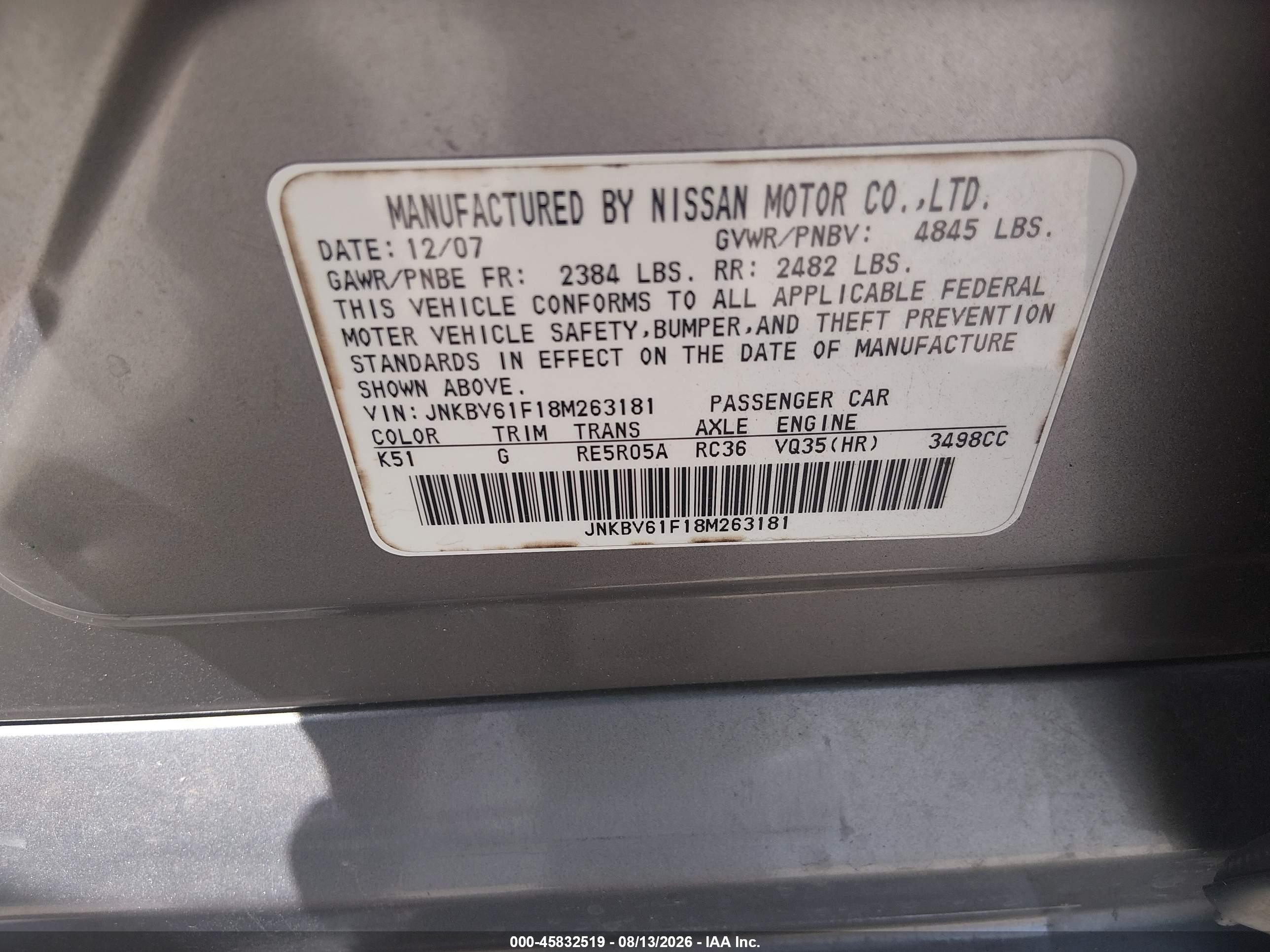 2008 Infiniti G35x   Gray vin: JNKBV61F18M263181