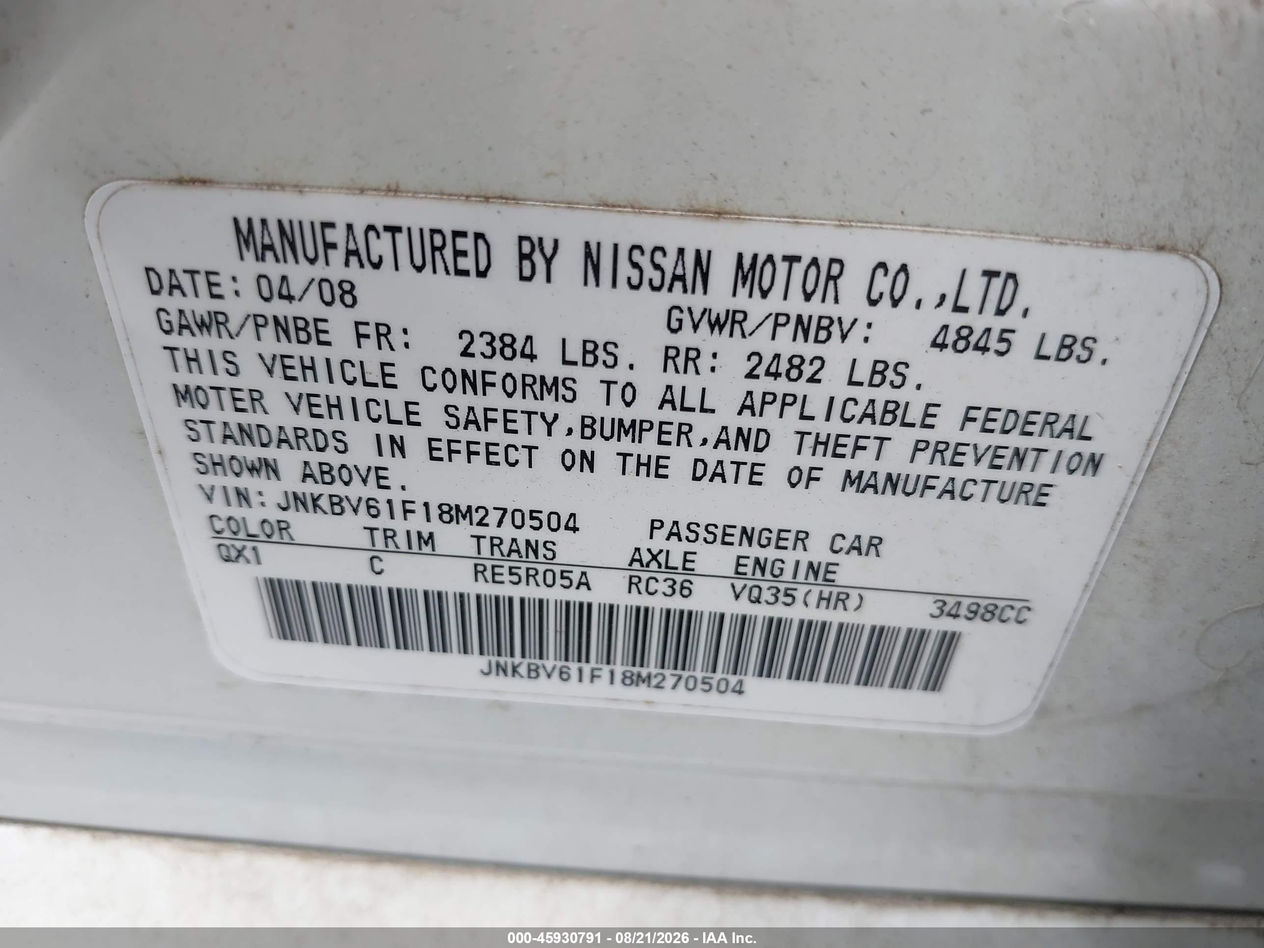 2008 Infiniti G35x   White vin: JNKBV61F18M270504