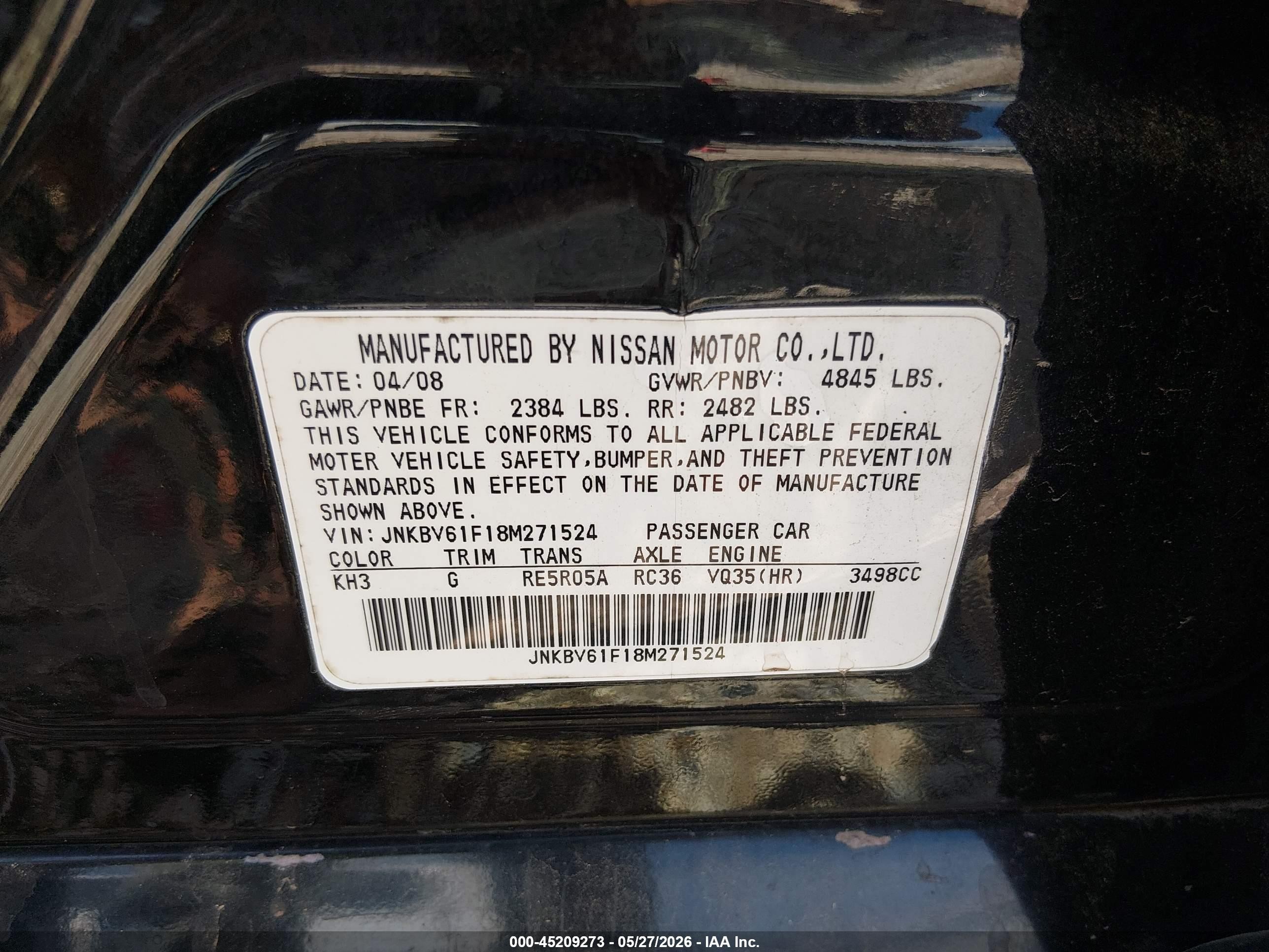 2008 Infiniti G35x   Black vin: JNKBV61F18M271524