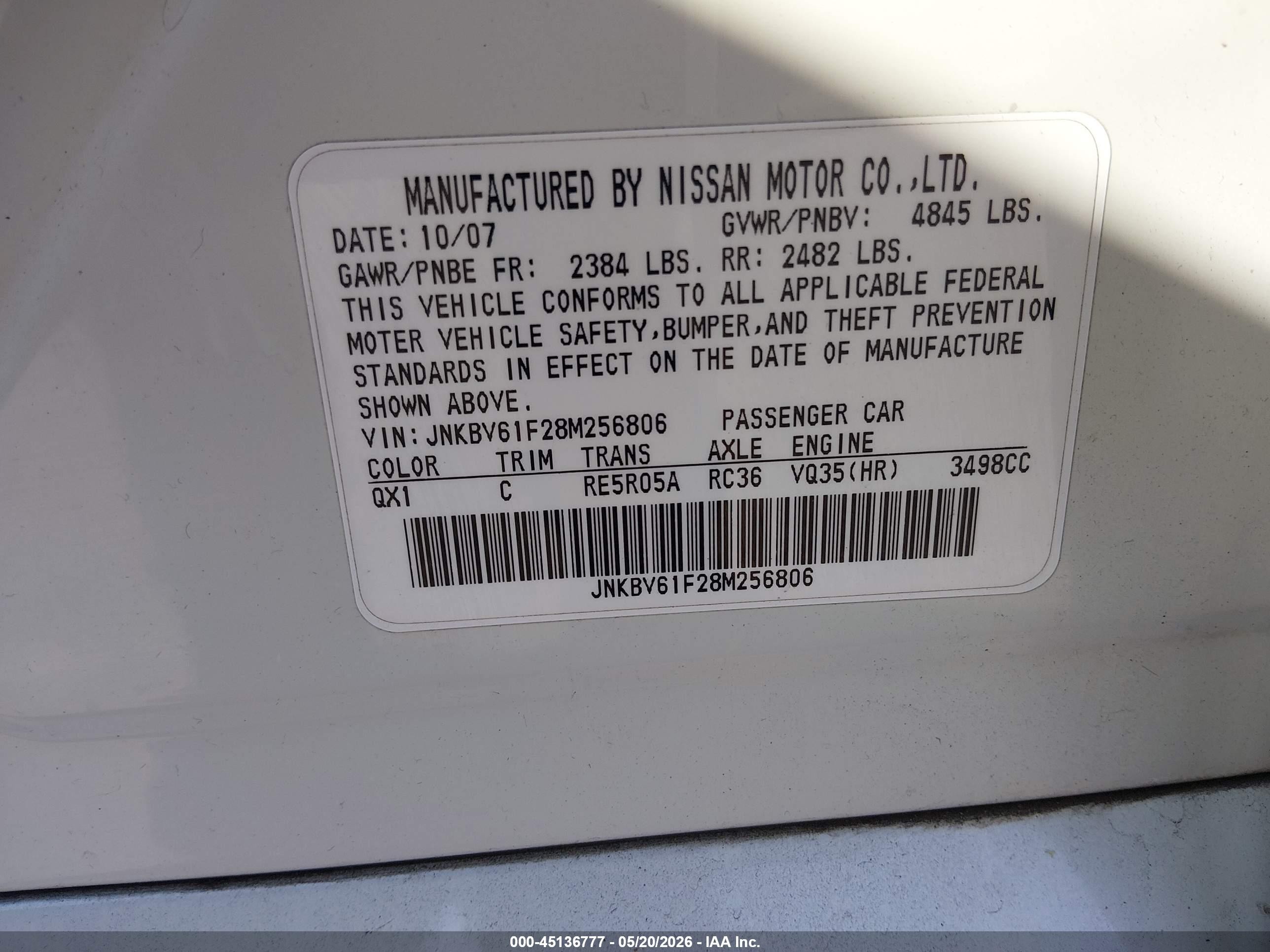 2008 Infiniti G35x   White vin: JNKBV61F28M256806