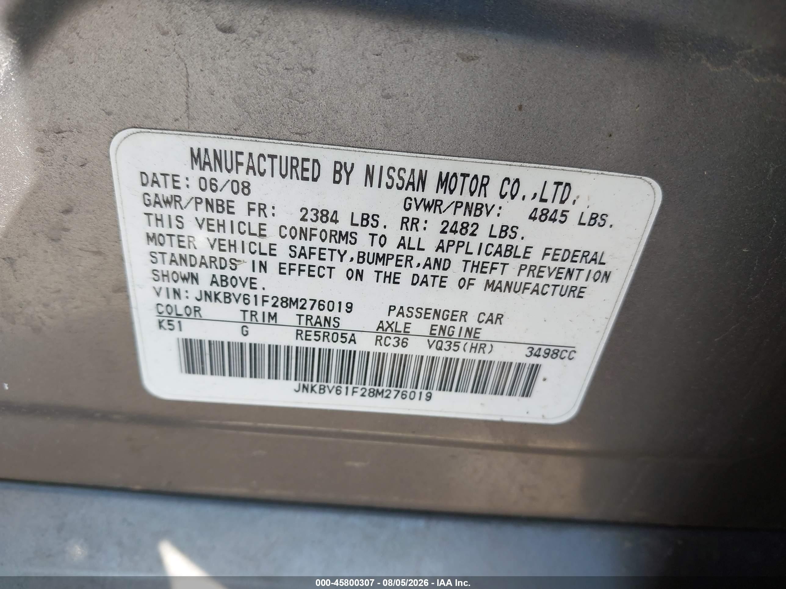 2008 Infiniti G35x   Tan vin: JNKBV61F28M276019