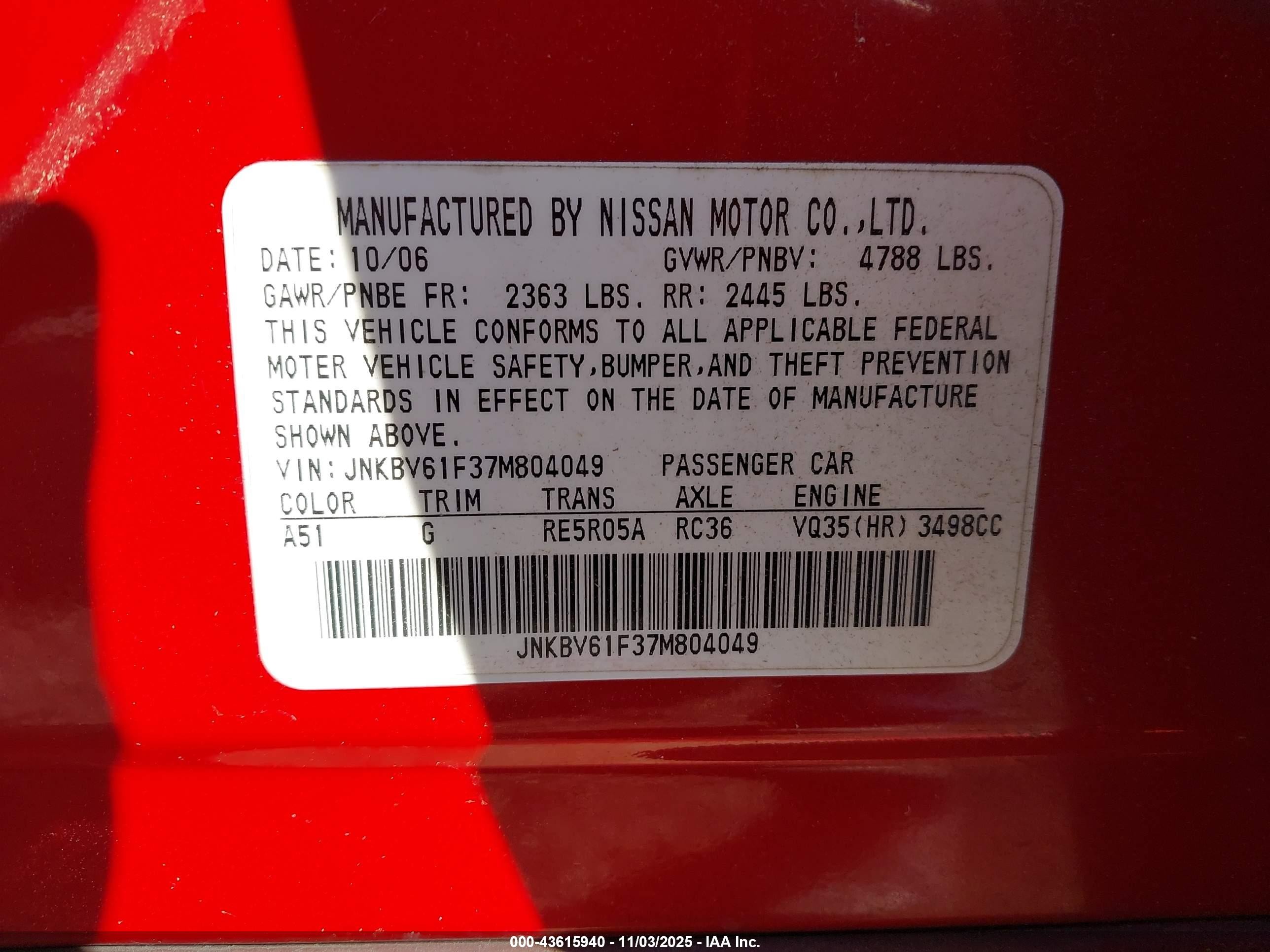 2007 Infiniti G35x   Red vin: JNKBV61F37M804049
