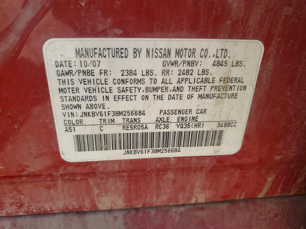 2008 Infiniti G35 X Red vin: JNKBV61F38M256684