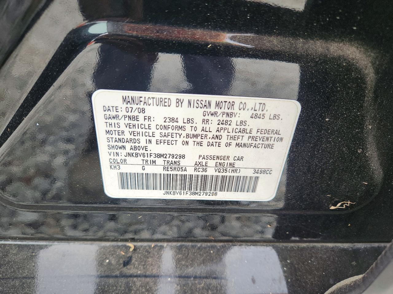 2008 Infiniti G35 X Black vin: JNKBV61F38M279298