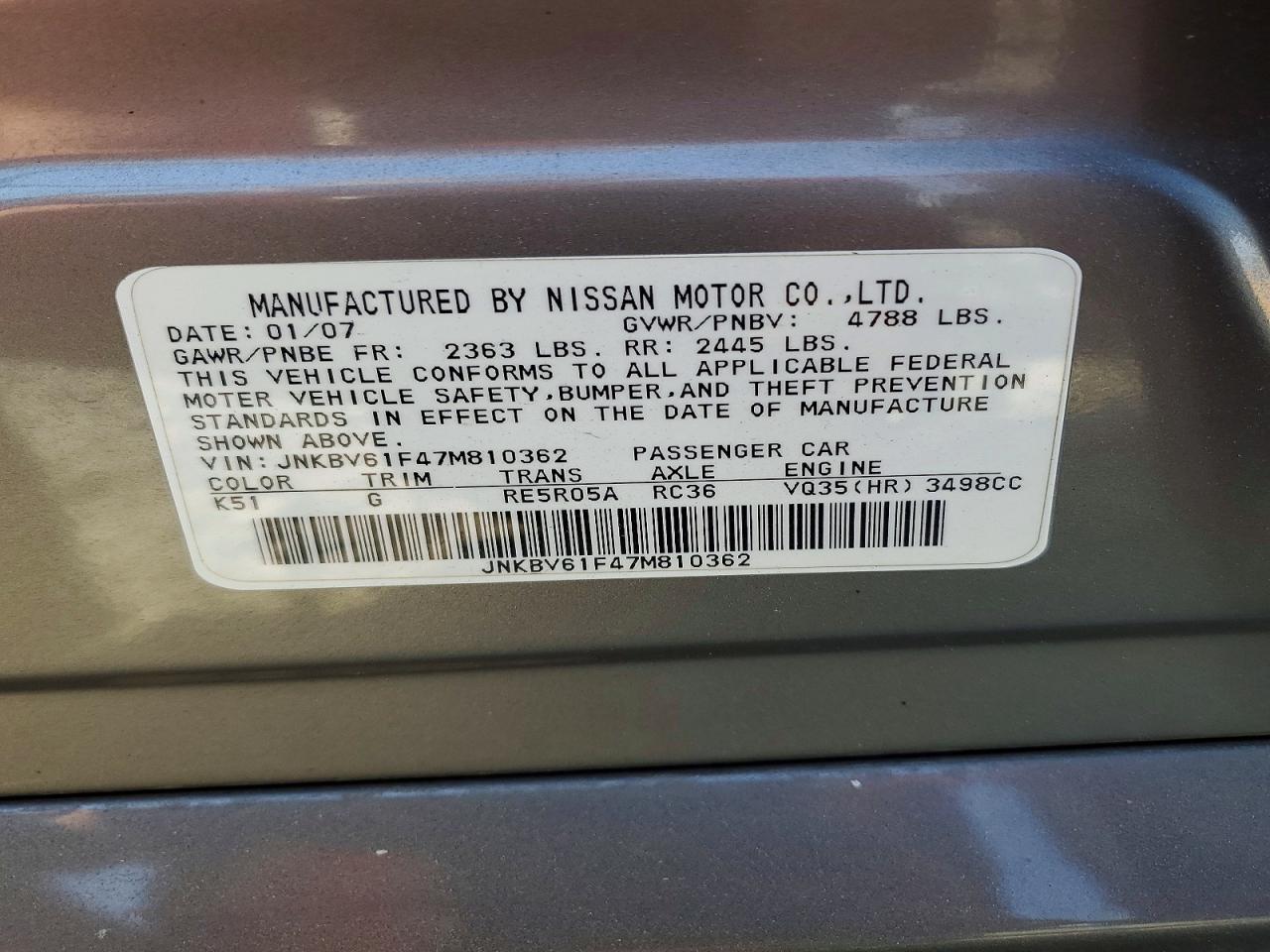 2007 Infiniti G35 X Gray vin: JNKBV61F47M810362