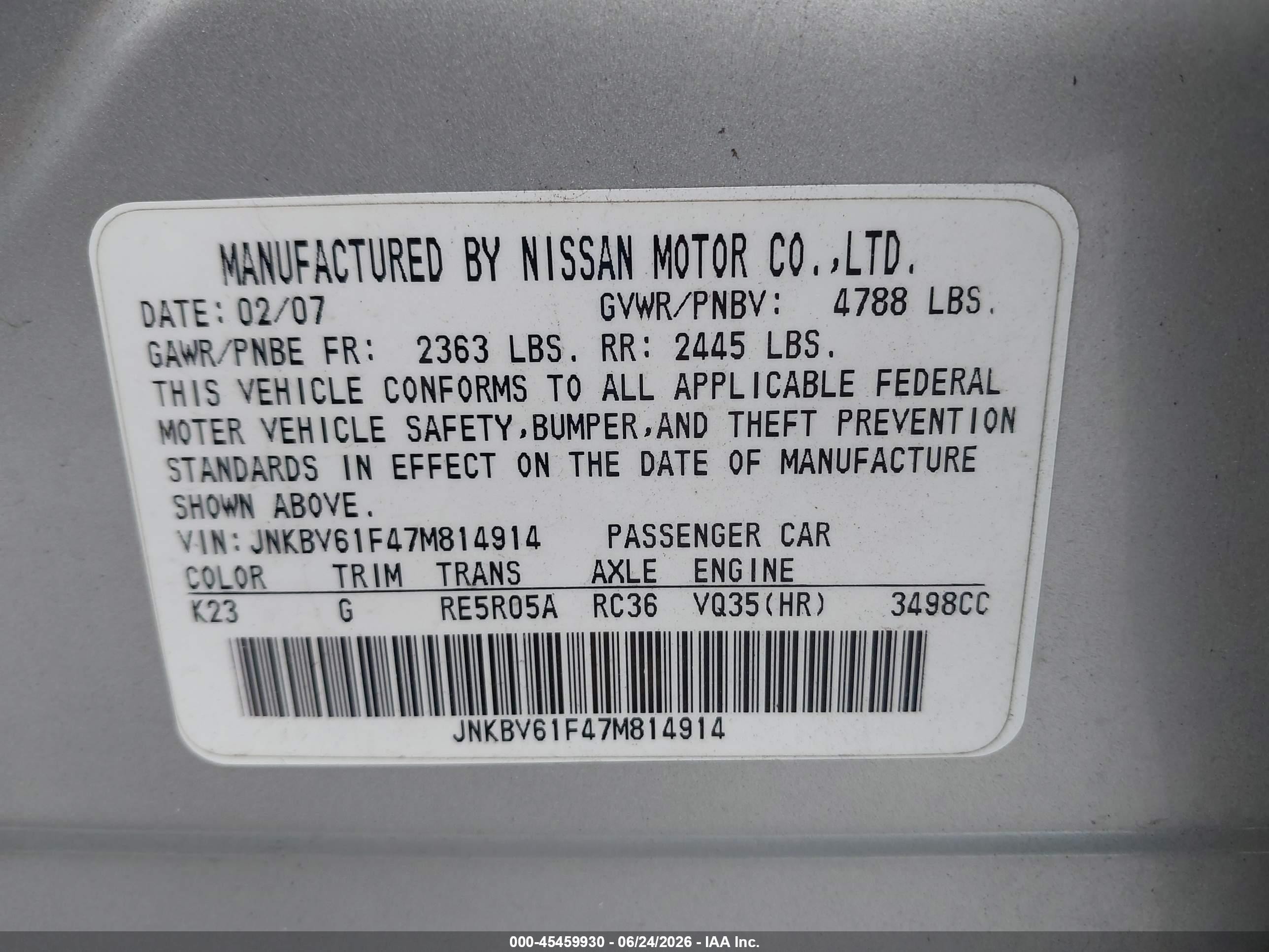 2007 Infiniti G35x   Silver vin: JNKBV61F47M814914
