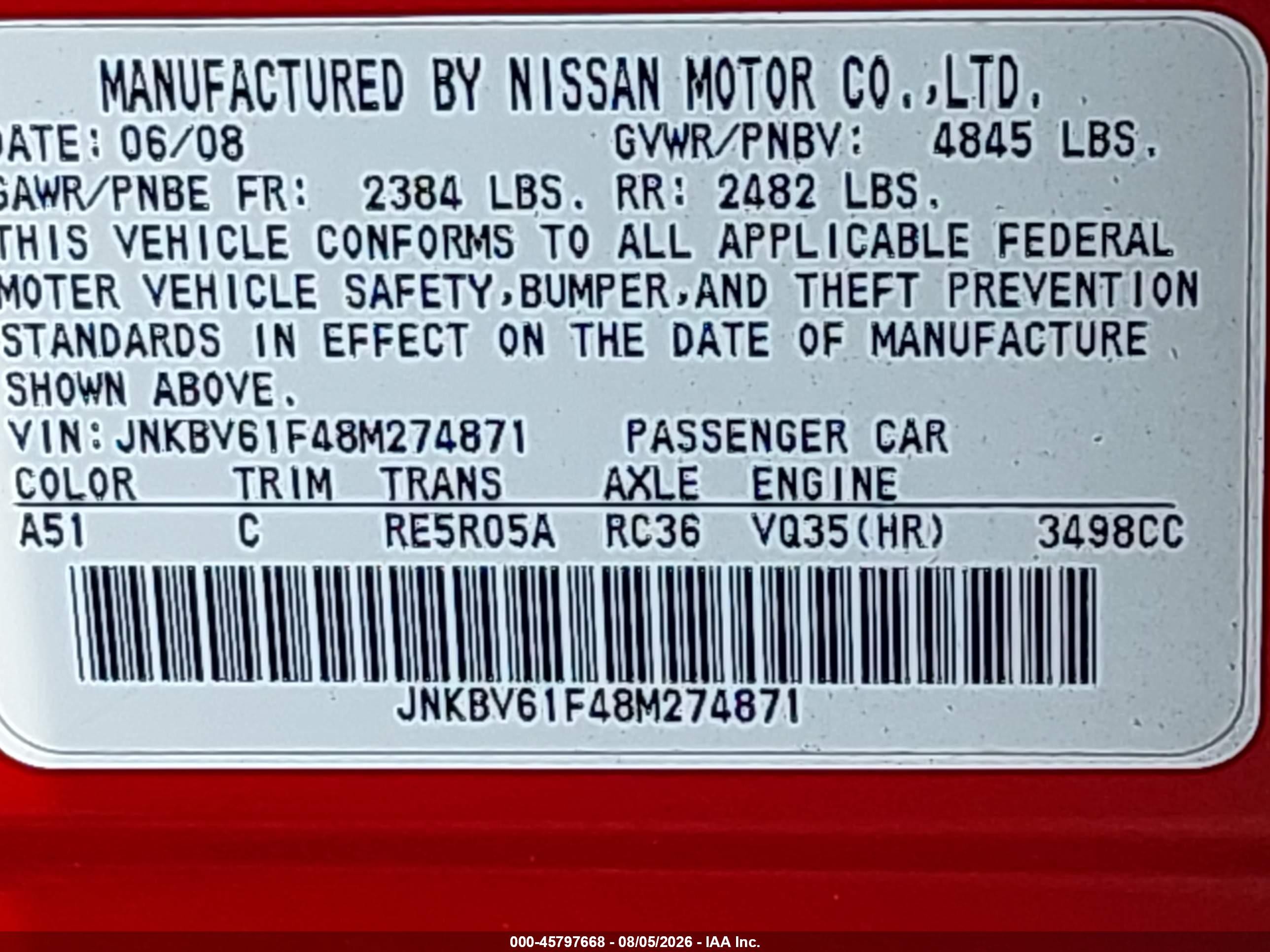 2008 Infiniti G35x Red vin: JNKBV61F48M274871