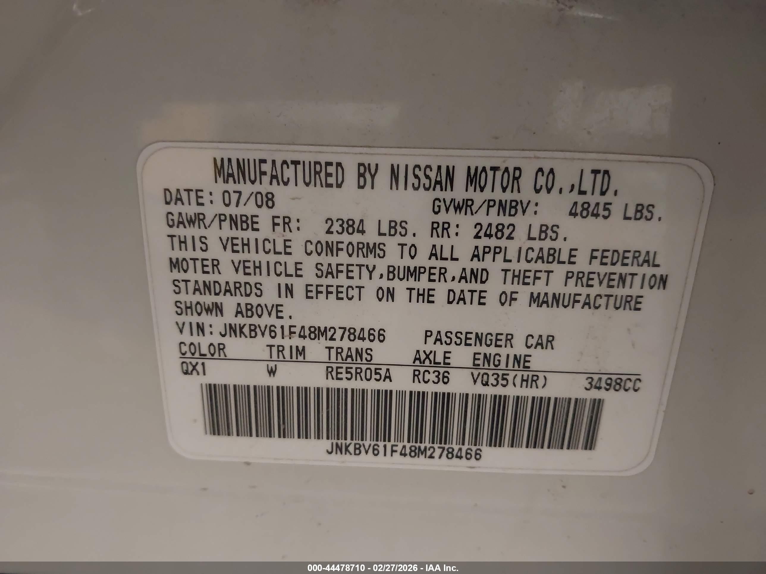 2008 Infiniti G35x White vin: JNKBV61F48M278466