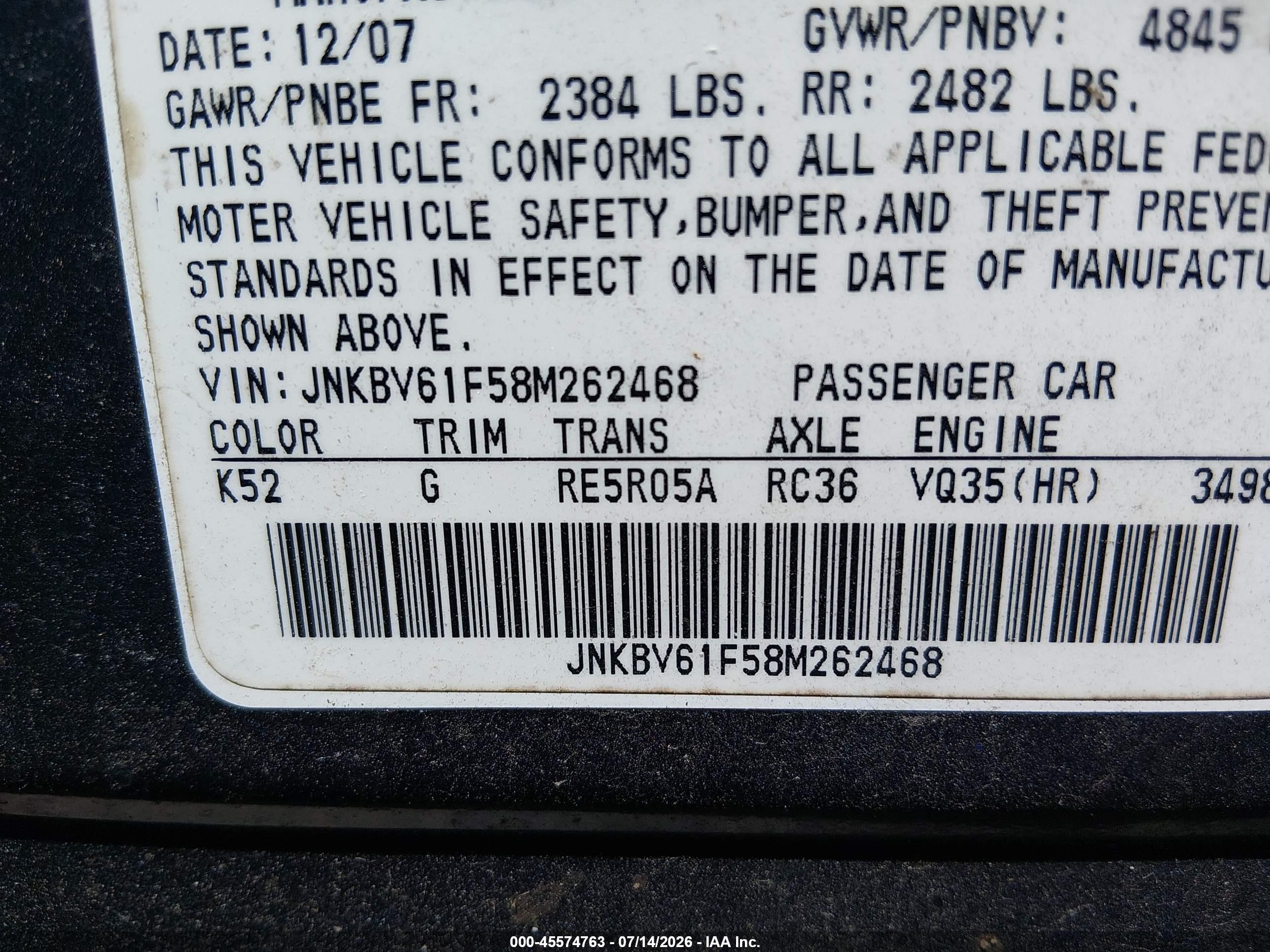 2008 Infiniti G35x   Black vin: JNKBV61F58M262468