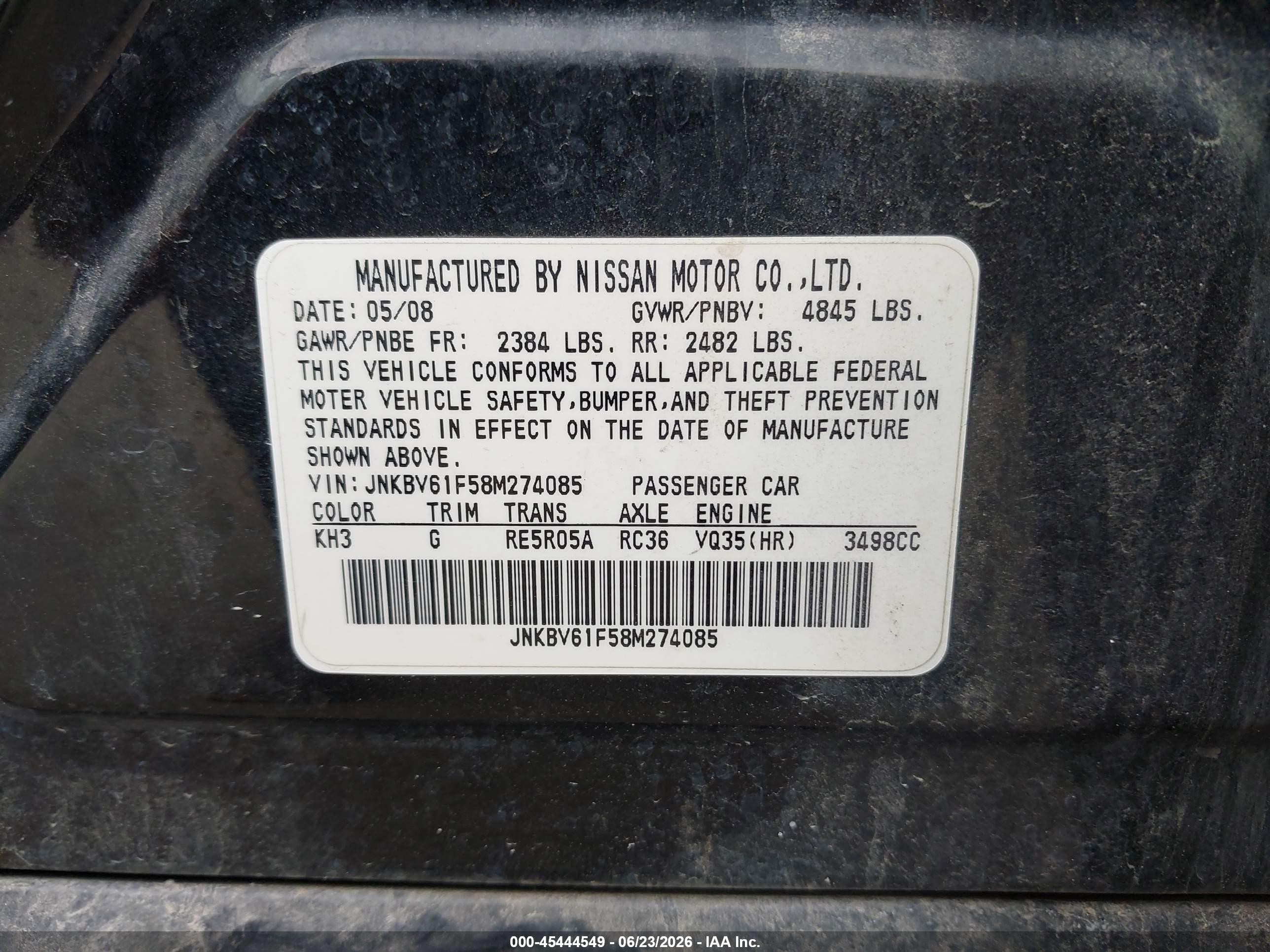 2008 Infiniti G35x   Black vin: JNKBV61F58M274085