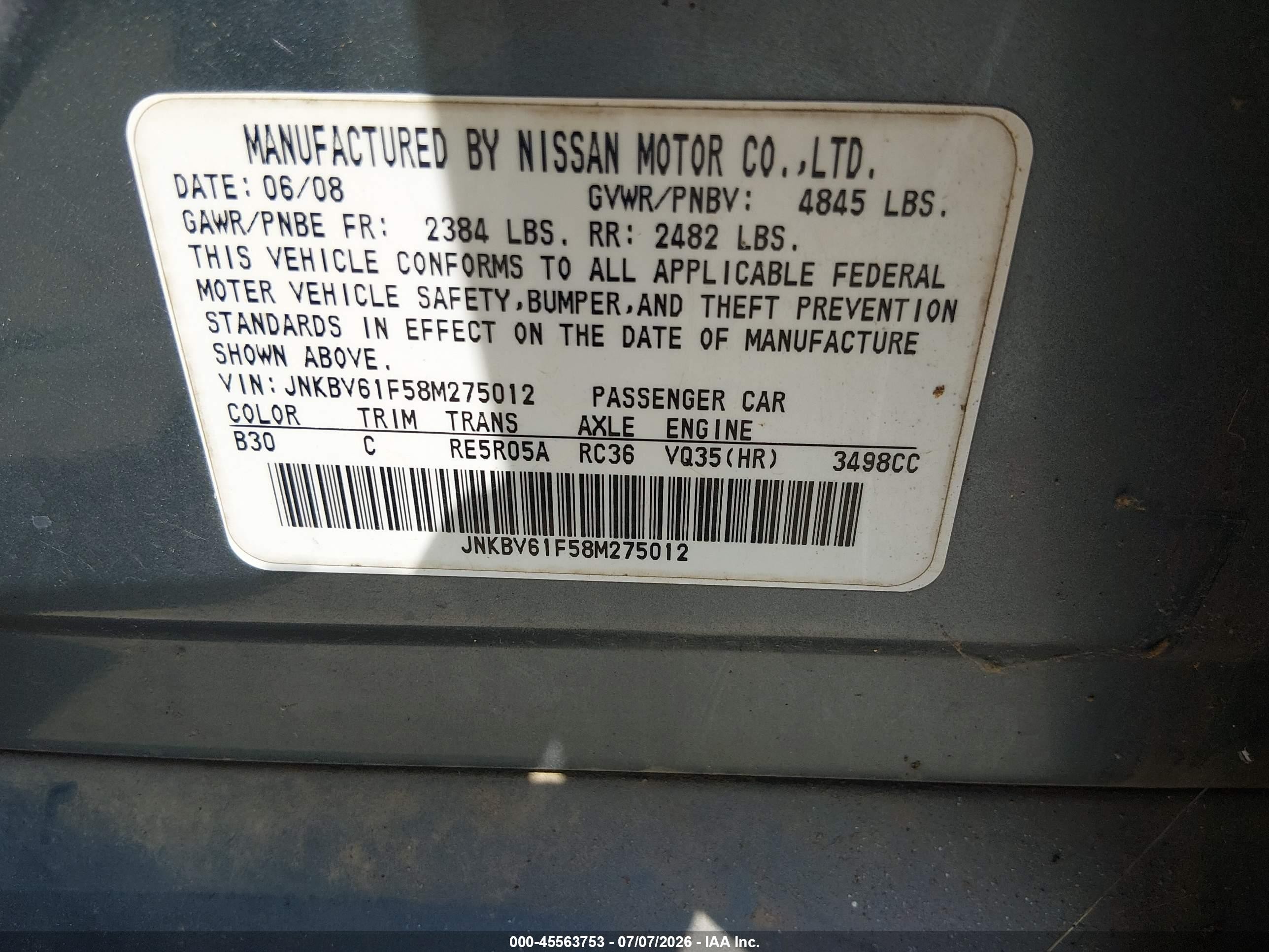 2008 Infiniti G35x   Green vin: JNKBV61F58M275012