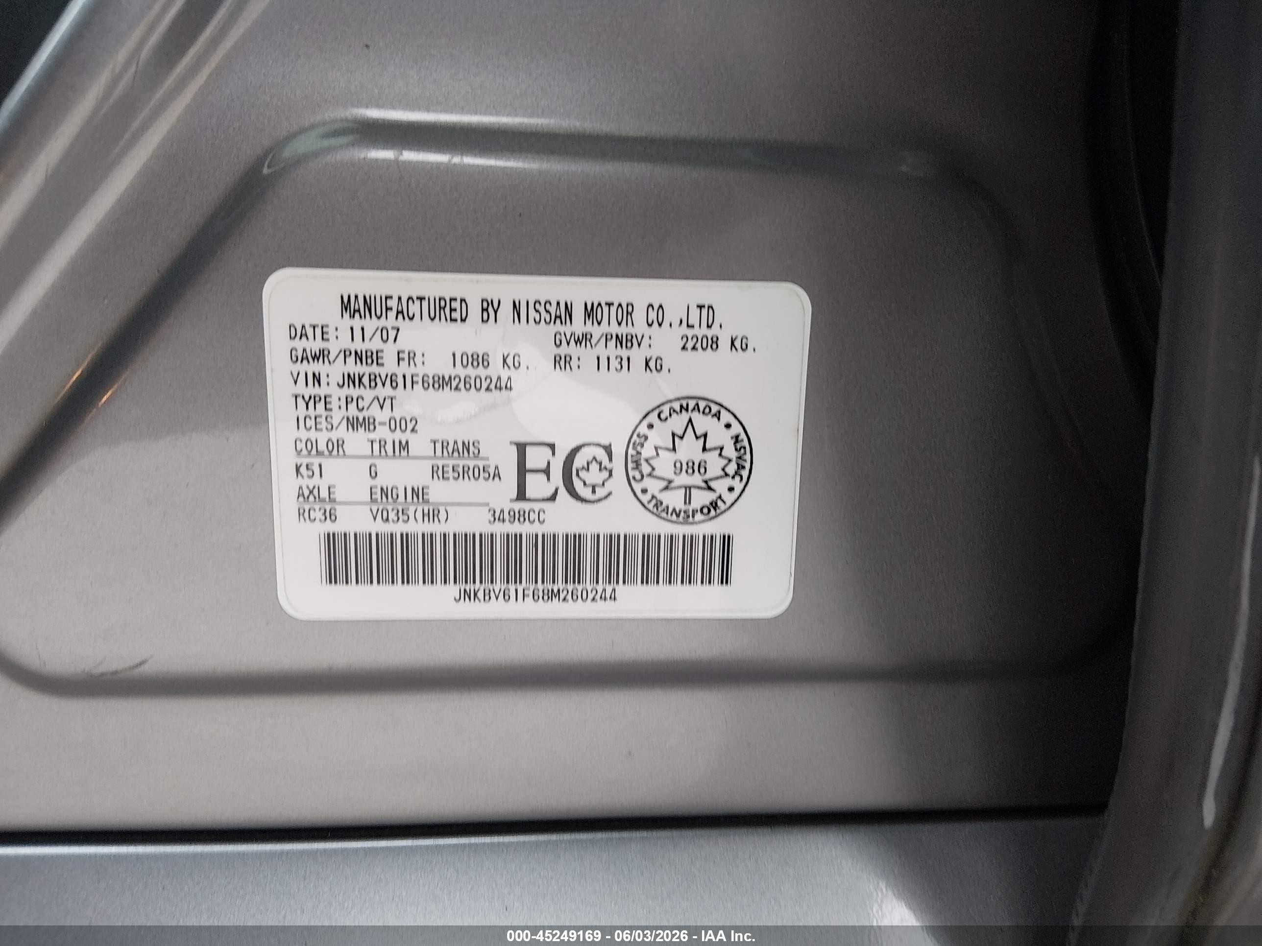 2008 Infiniti G35x   Gray vin: JNKBV61F68M260244