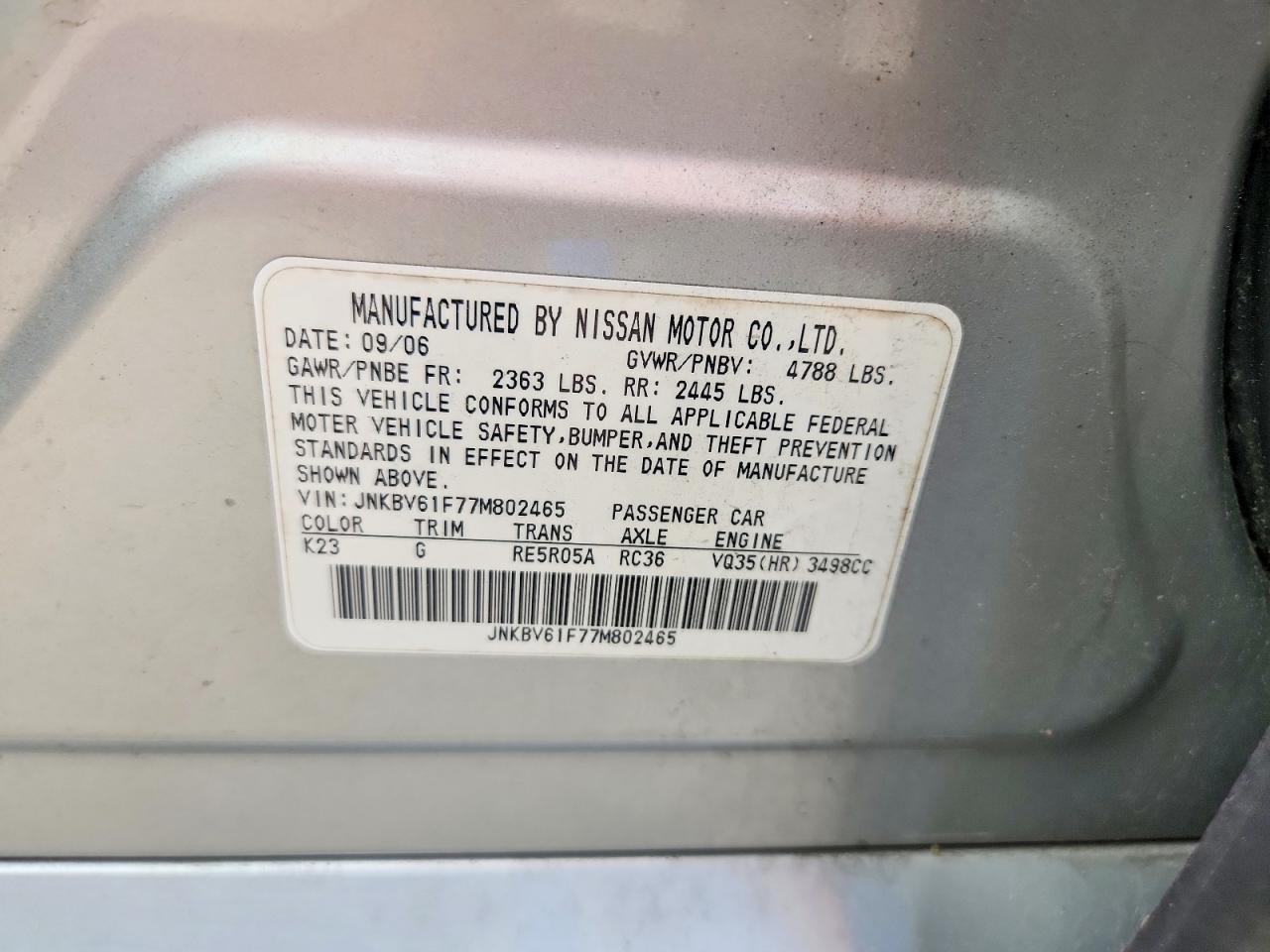 2007 Infiniti G35 X Gray vin: JNKBV61F77M802465