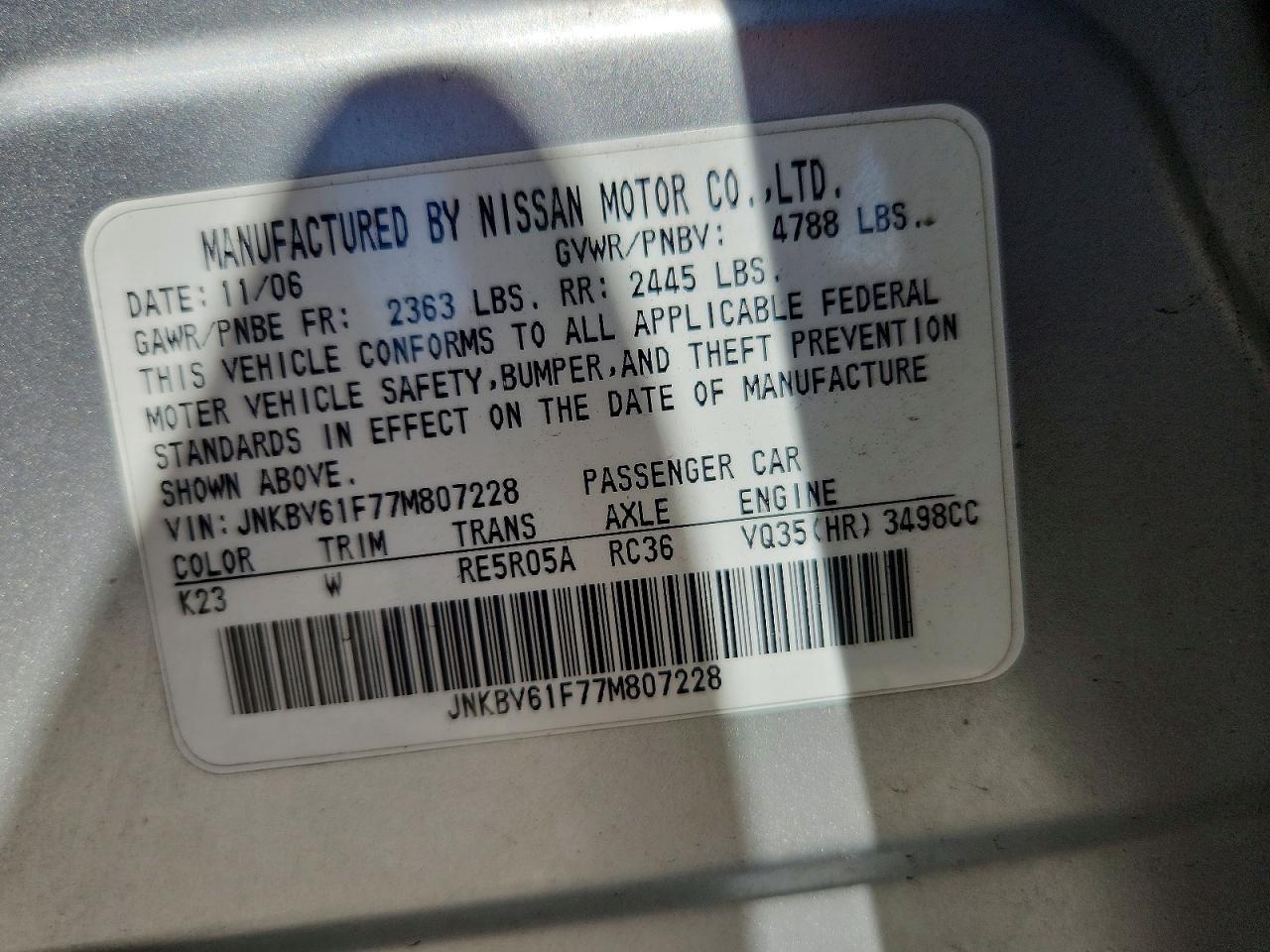 2007 Infiniti G35 X Silver vin: JNKBV61F77M807228