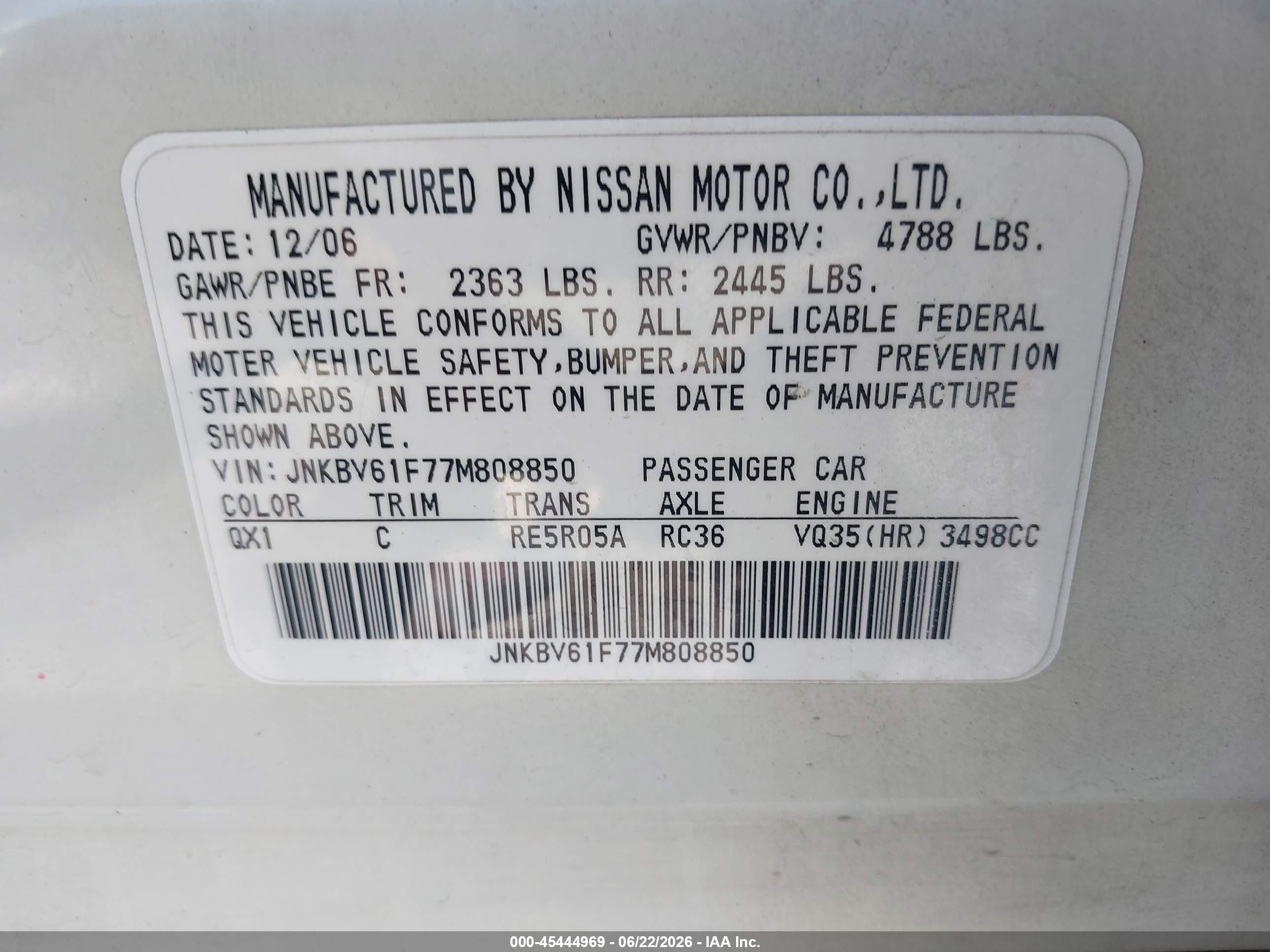 2007 Infiniti G35x   Белый vin: JNKBV61F77M808850