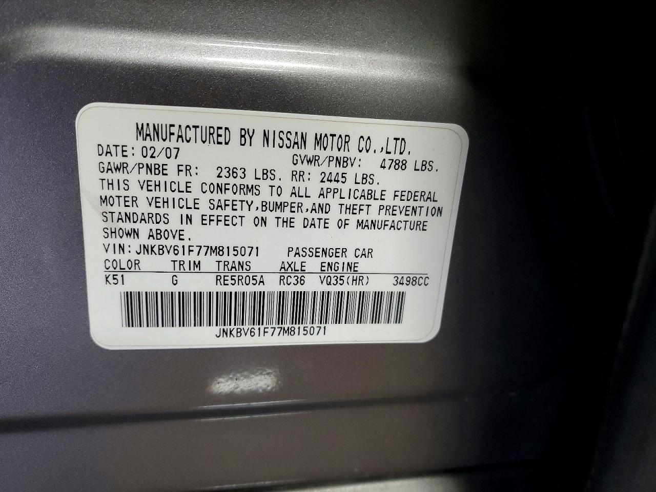 2007 Infiniti G35 X Gray vin: JNKBV61F77M815071