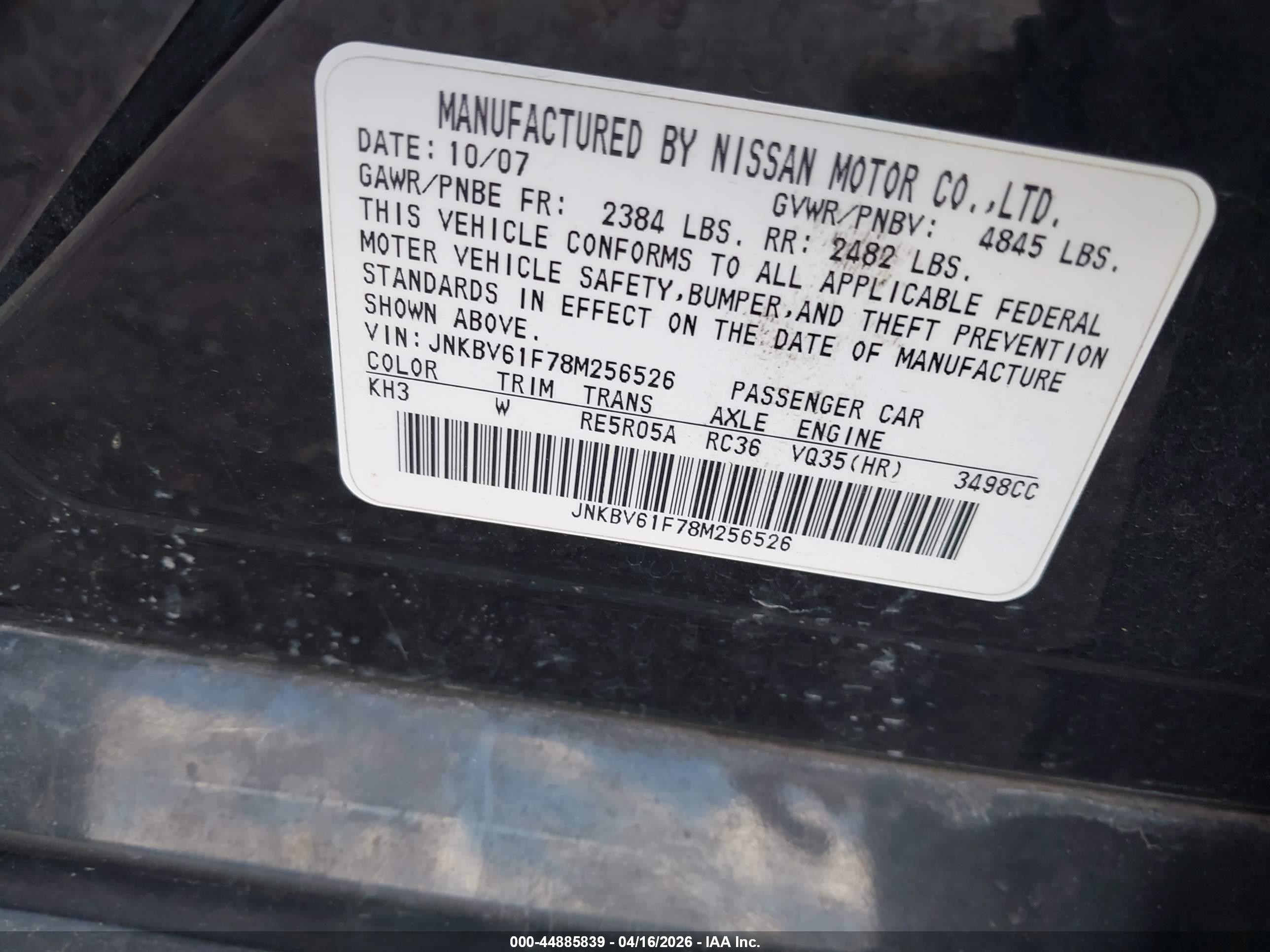 2008 Infiniti G35x   Black vin: JNKBV61F78M256526