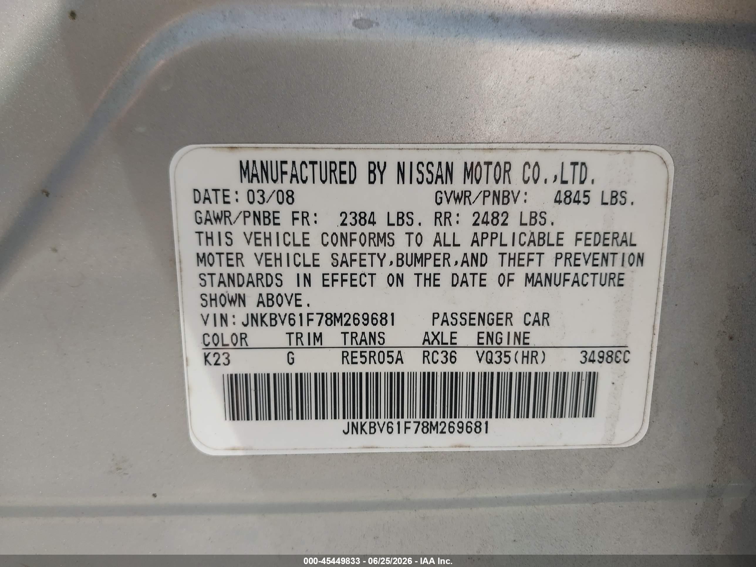 2008 Infiniti G35x   Silver vin: JNKBV61F78M269681