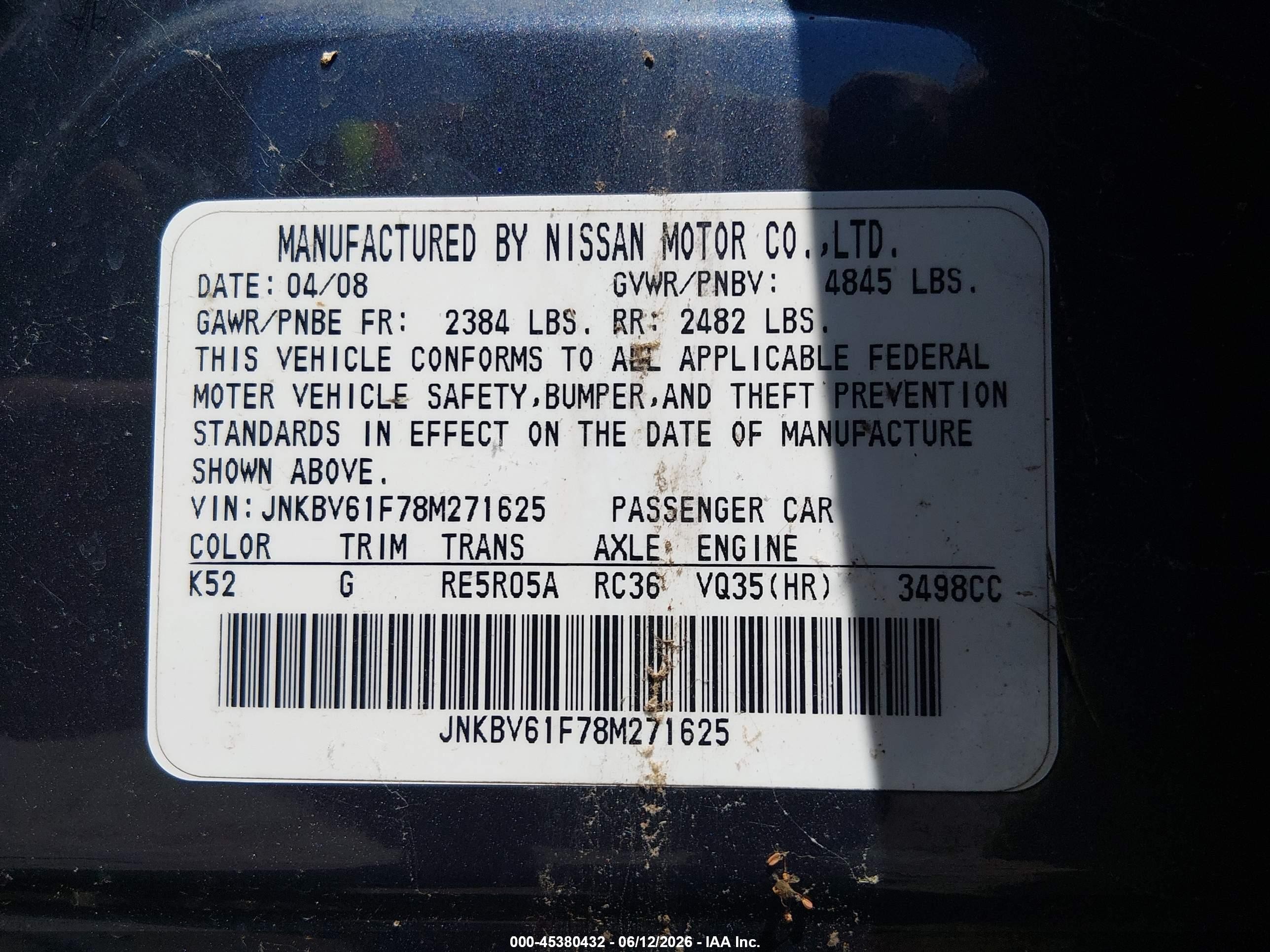 2008 Infiniti G35x   Blue vin: JNKBV61F78M271625