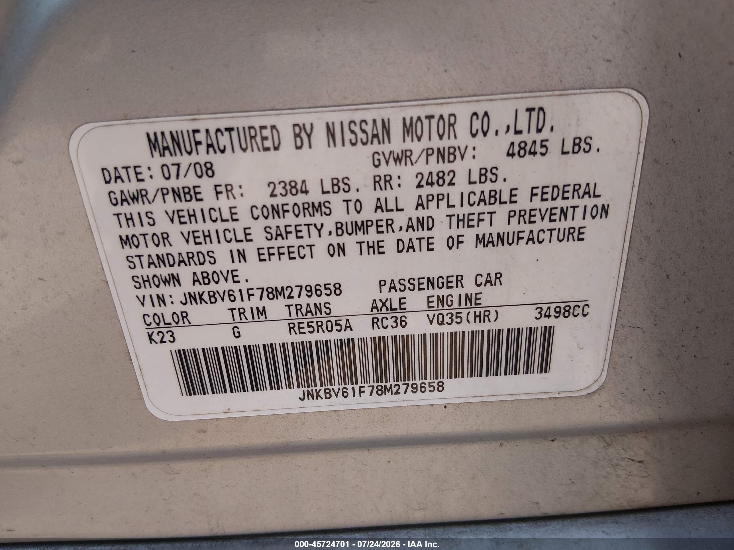2008 Infiniti G35x Silver vin: JNKBV61F78M279658