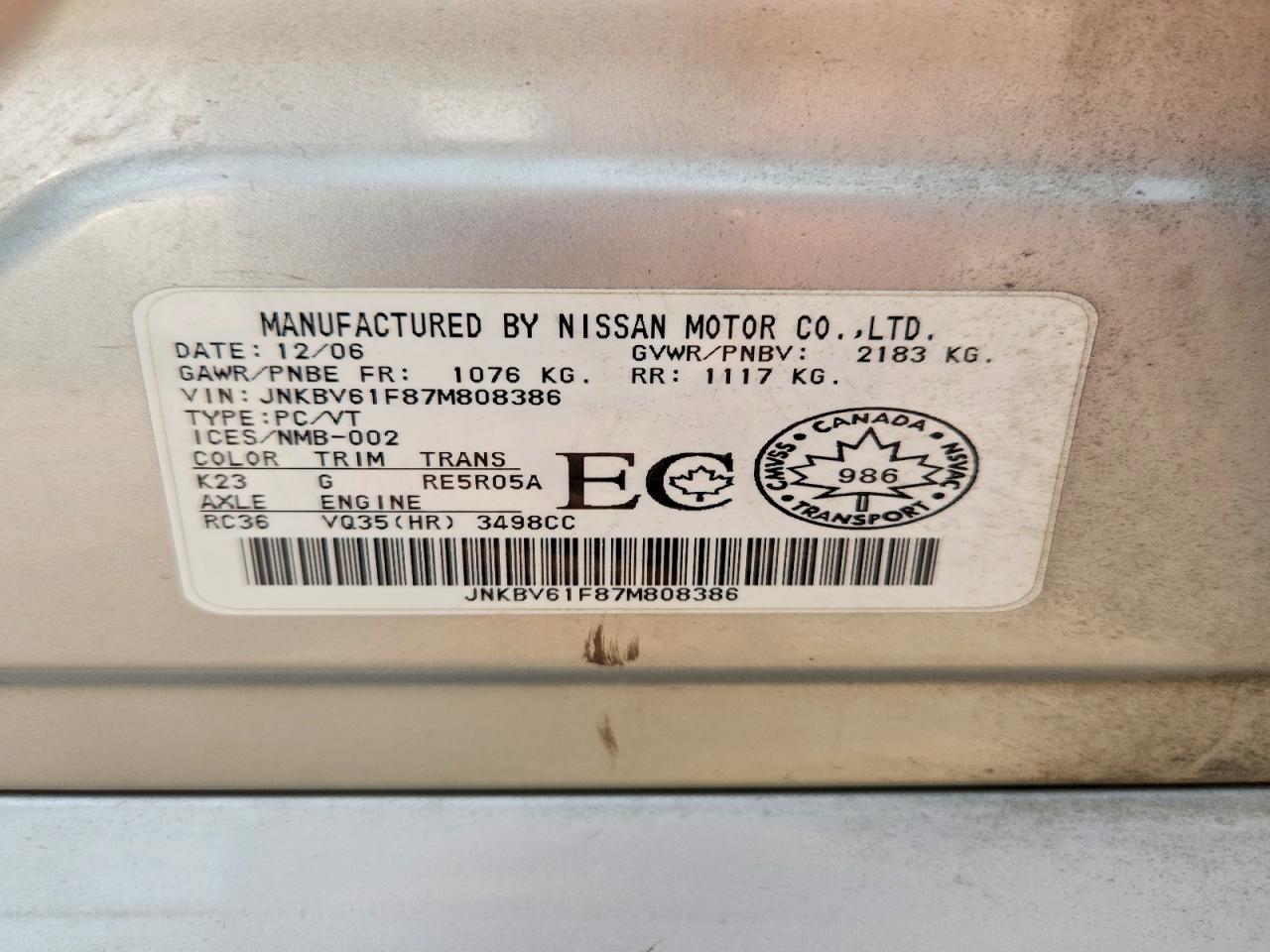 2007 Infiniti G35 X Silver vin: JNKBV61F87M808386