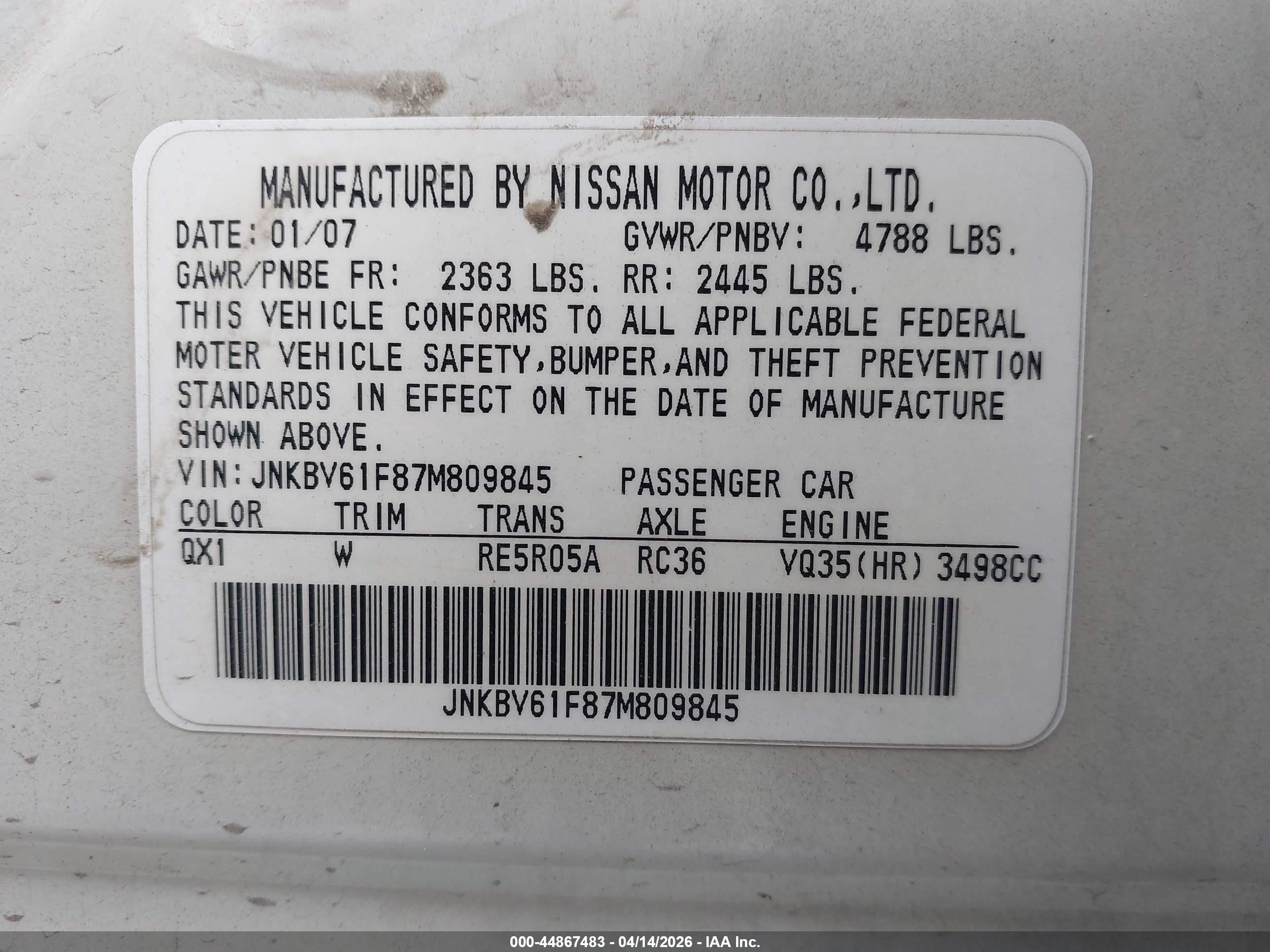 2007 Infiniti G35x   White vin: JNKBV61F87M809845