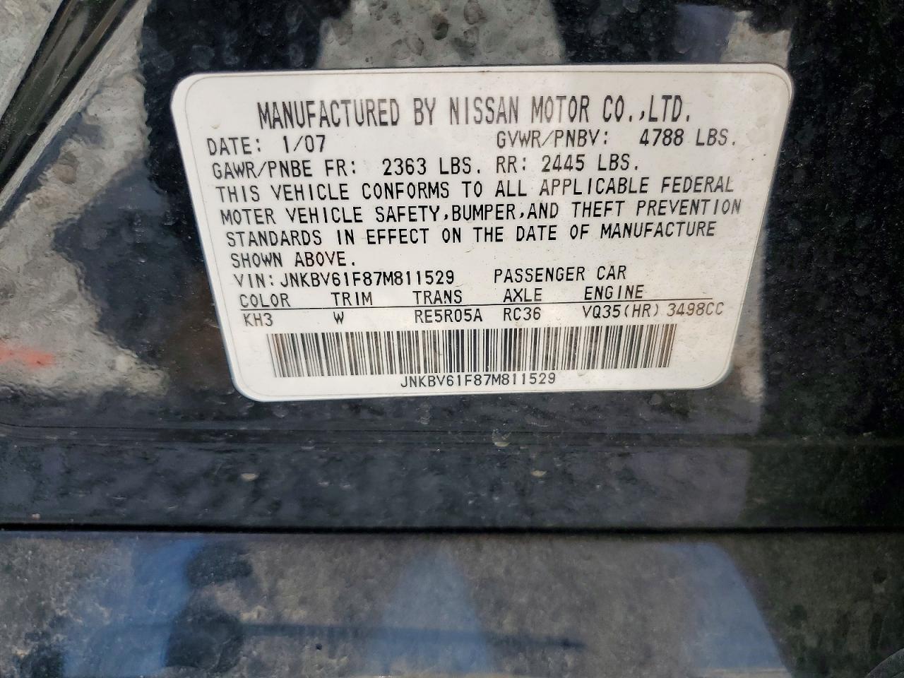 2007 Infiniti G35 X Black vin: JNKBV61F87M811529