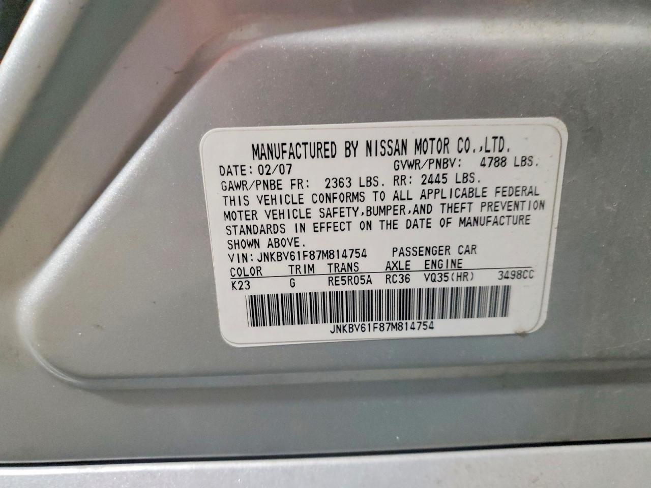 2007 Infiniti G35 X Silver vin: JNKBV61F87M814754